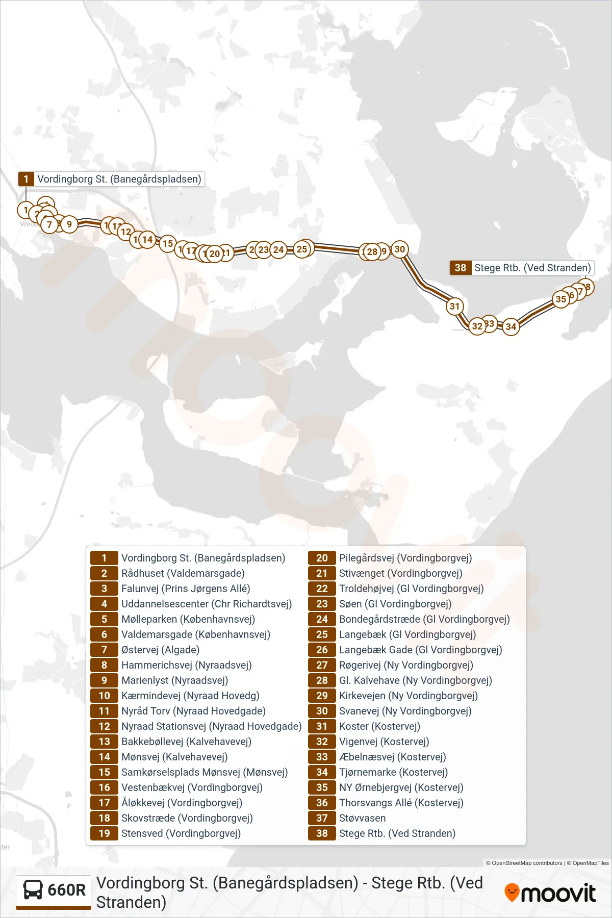 660R bus Linje (Stege) rute og stop på et kort