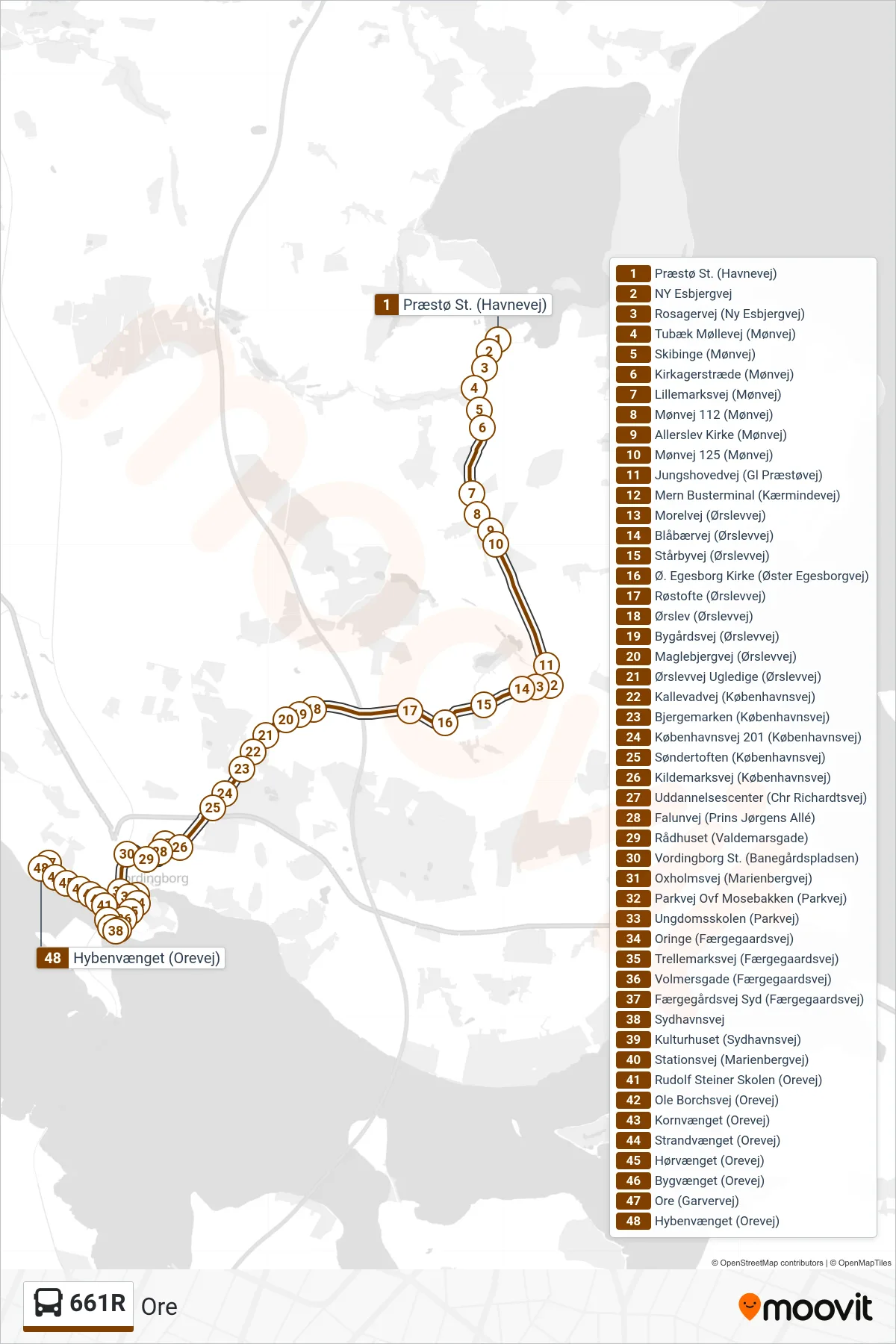 661R bus Linje (Ore) rute og stop på et kort