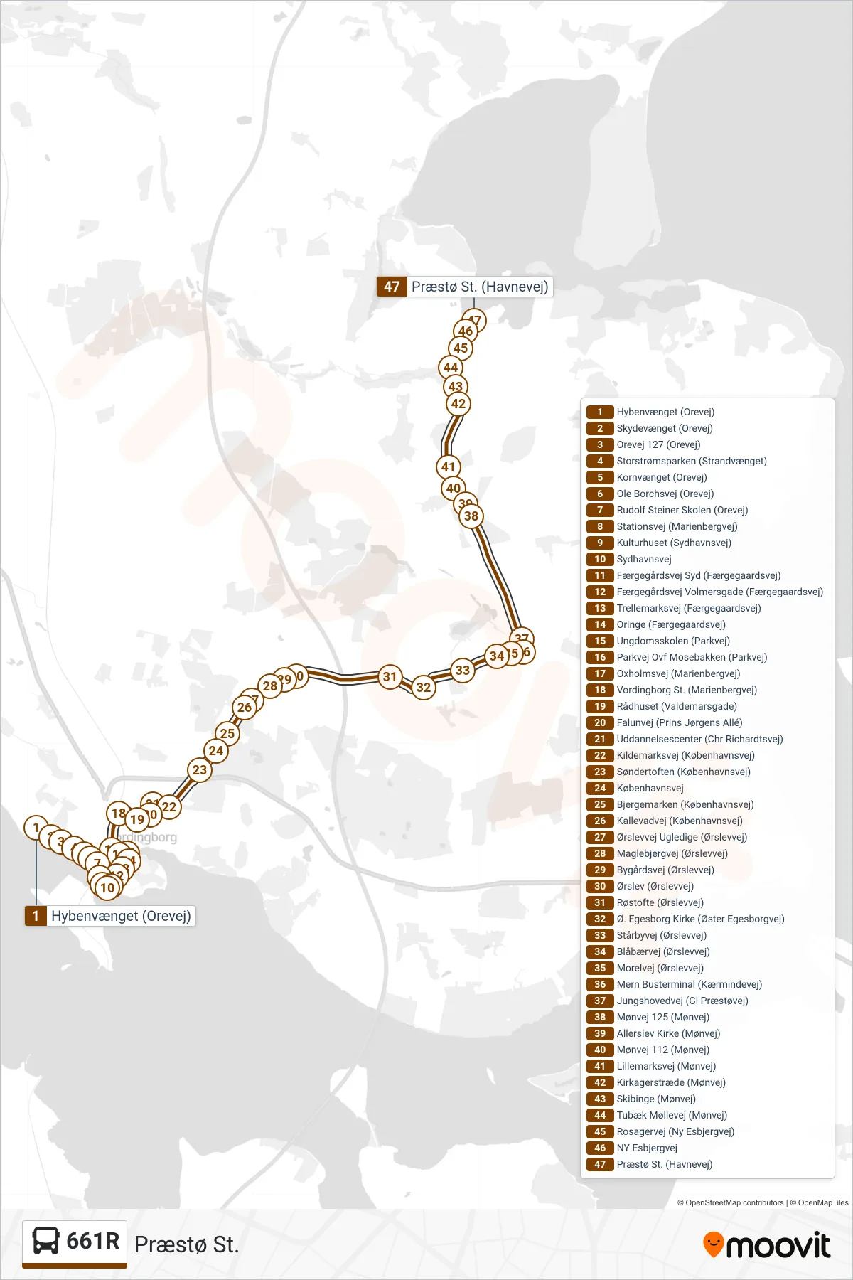 661R bus Linje (Præstø St.) rute og stop på et kort