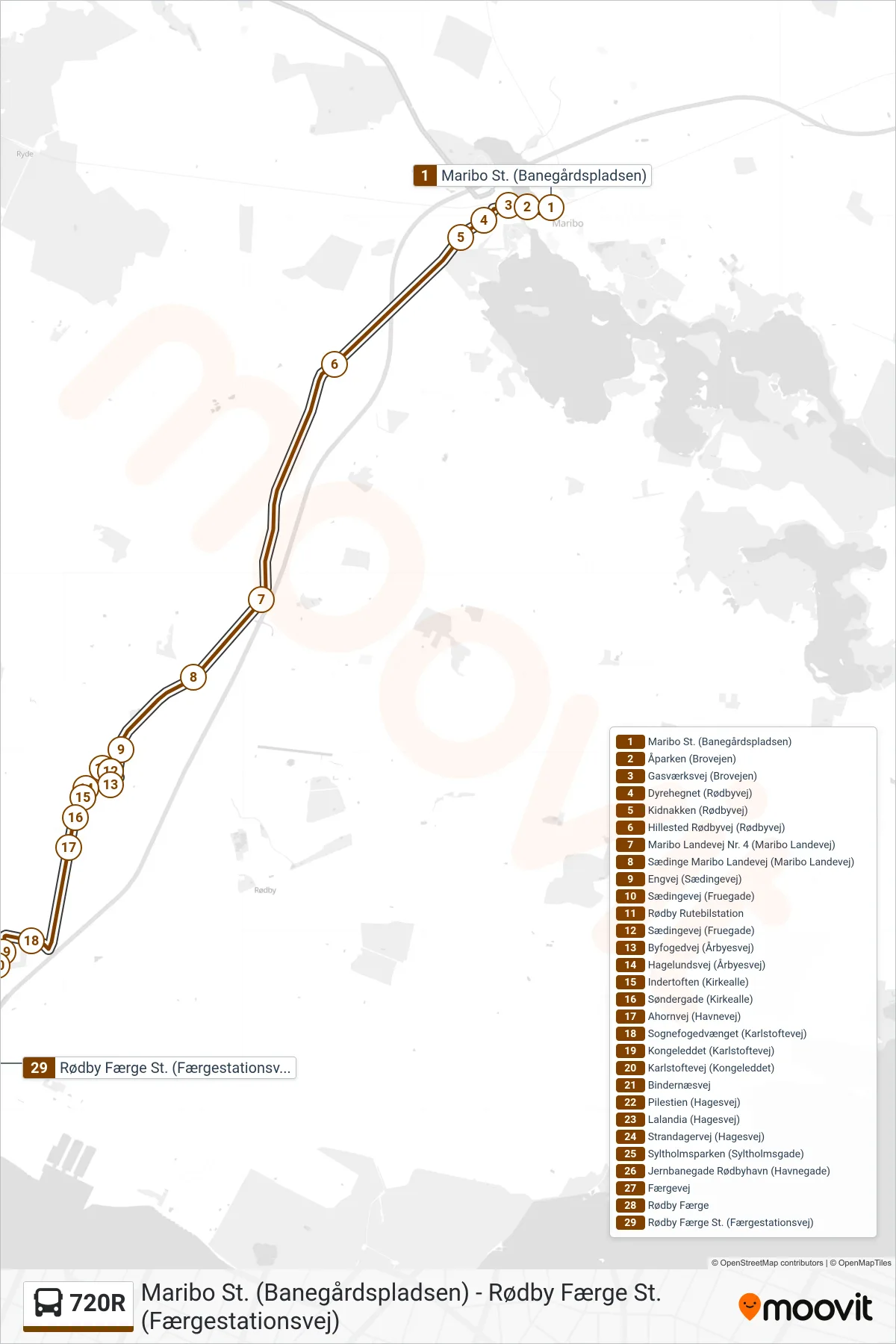 720R bus Linje (Rødbyhavn) rute og stop på et kort