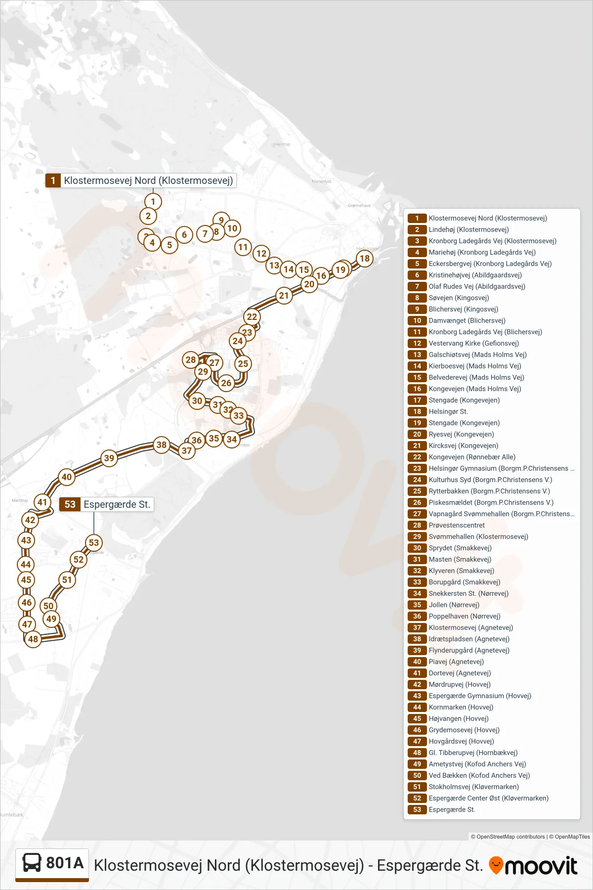 801A bus Linje (Espergærde St.) rute og stop på et kort
