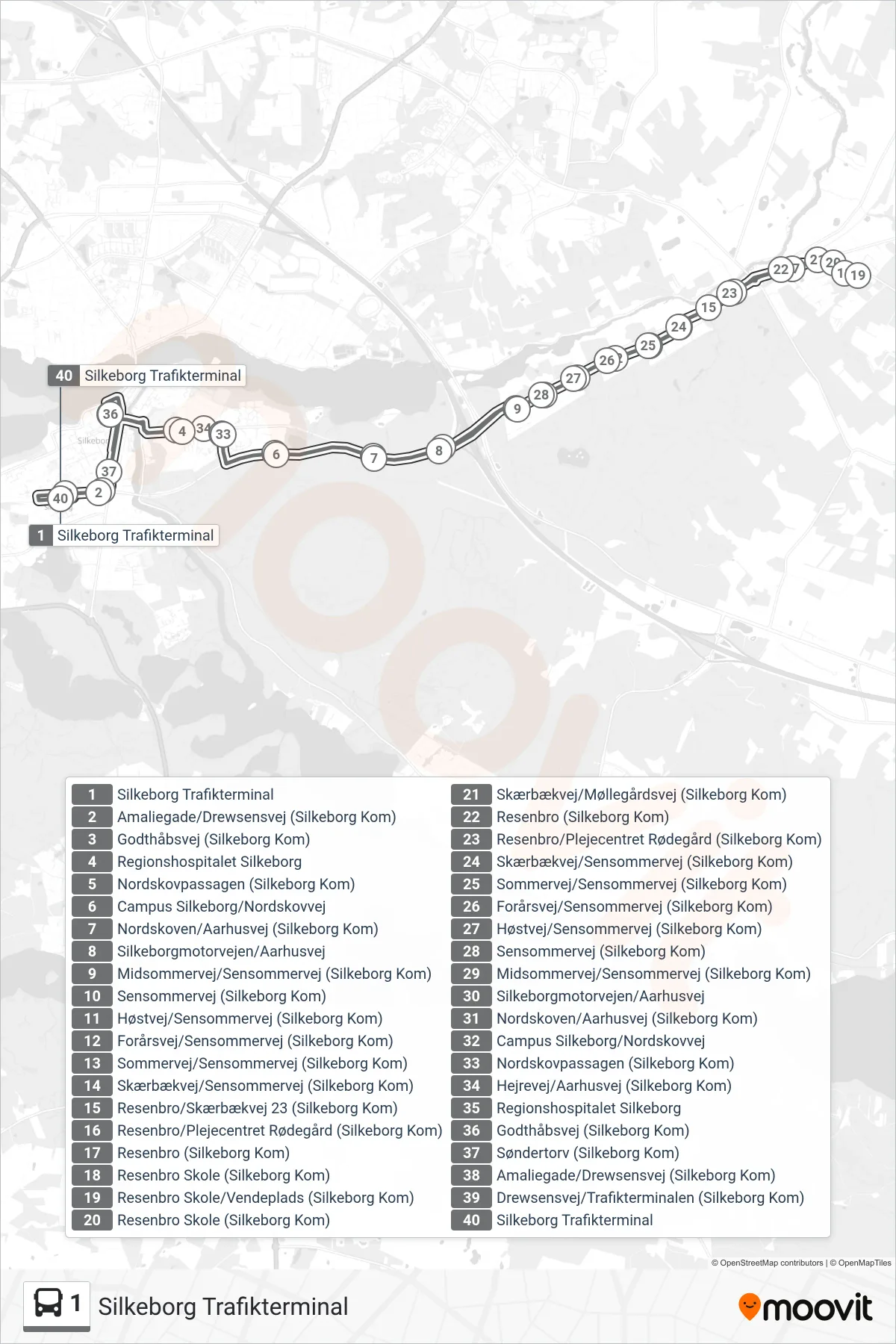 1 bus Linje (Silkeborg Trafikterminal) rute og stop på et kort