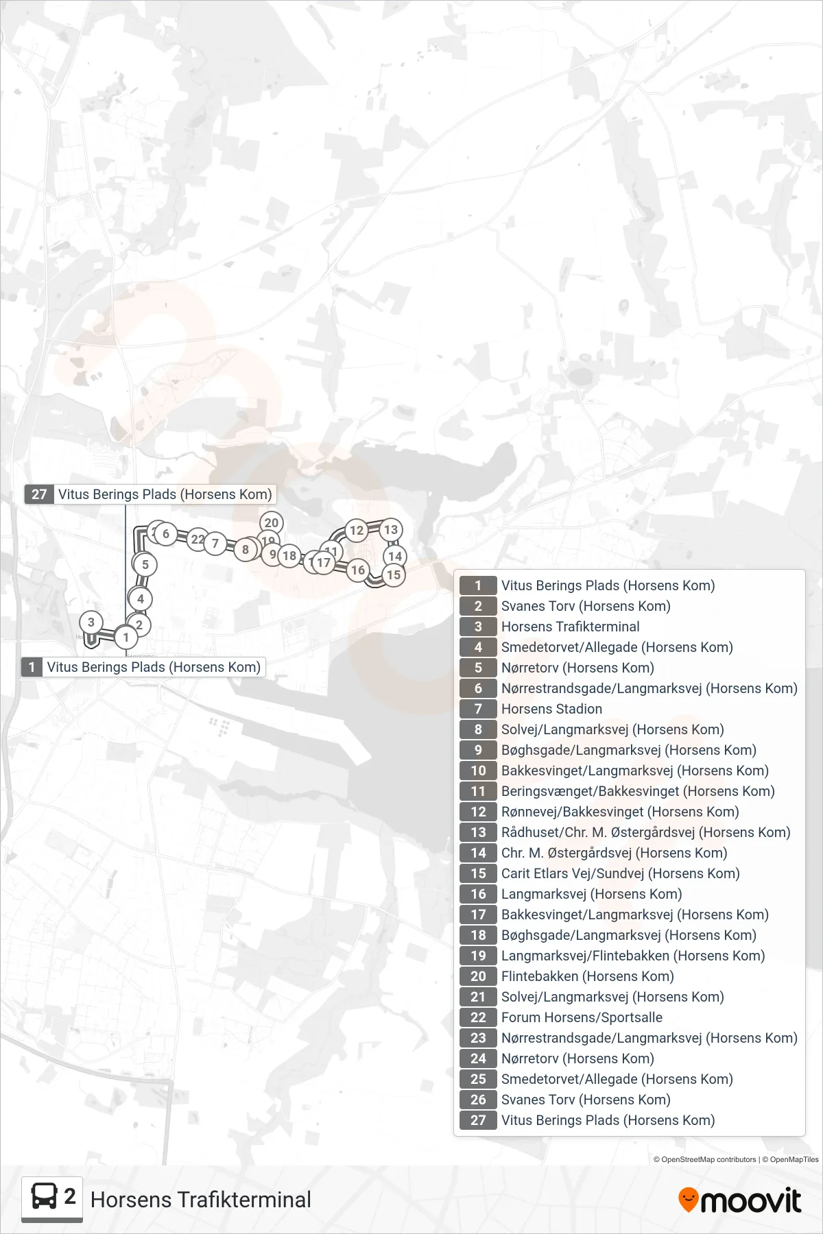 2 bus Linje (Horsens Trafikterminal) rute og stop på et kort