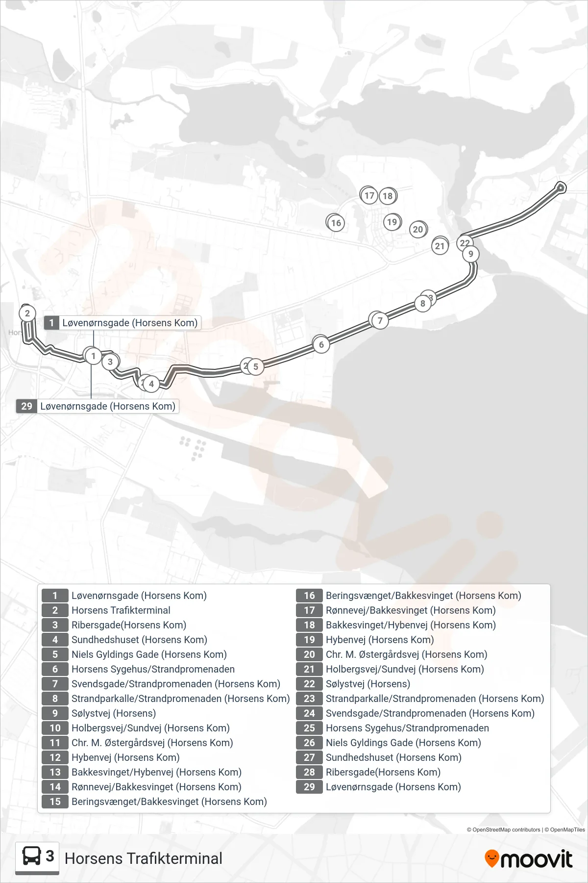 3 bus Linje (Horsens Trafikterminal) rute og stop på et kort