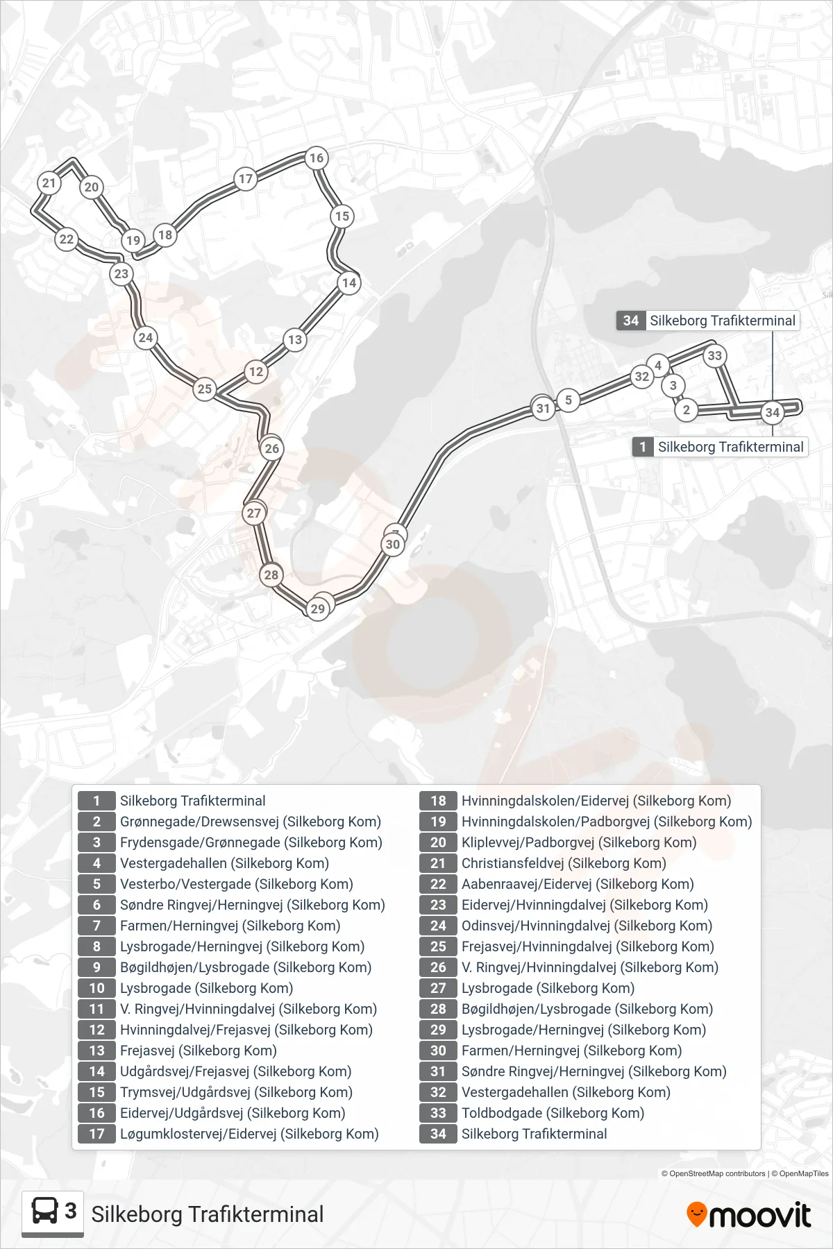 3 bus Linje (Silkeborg Trafikterminal) rute og stop på et kort