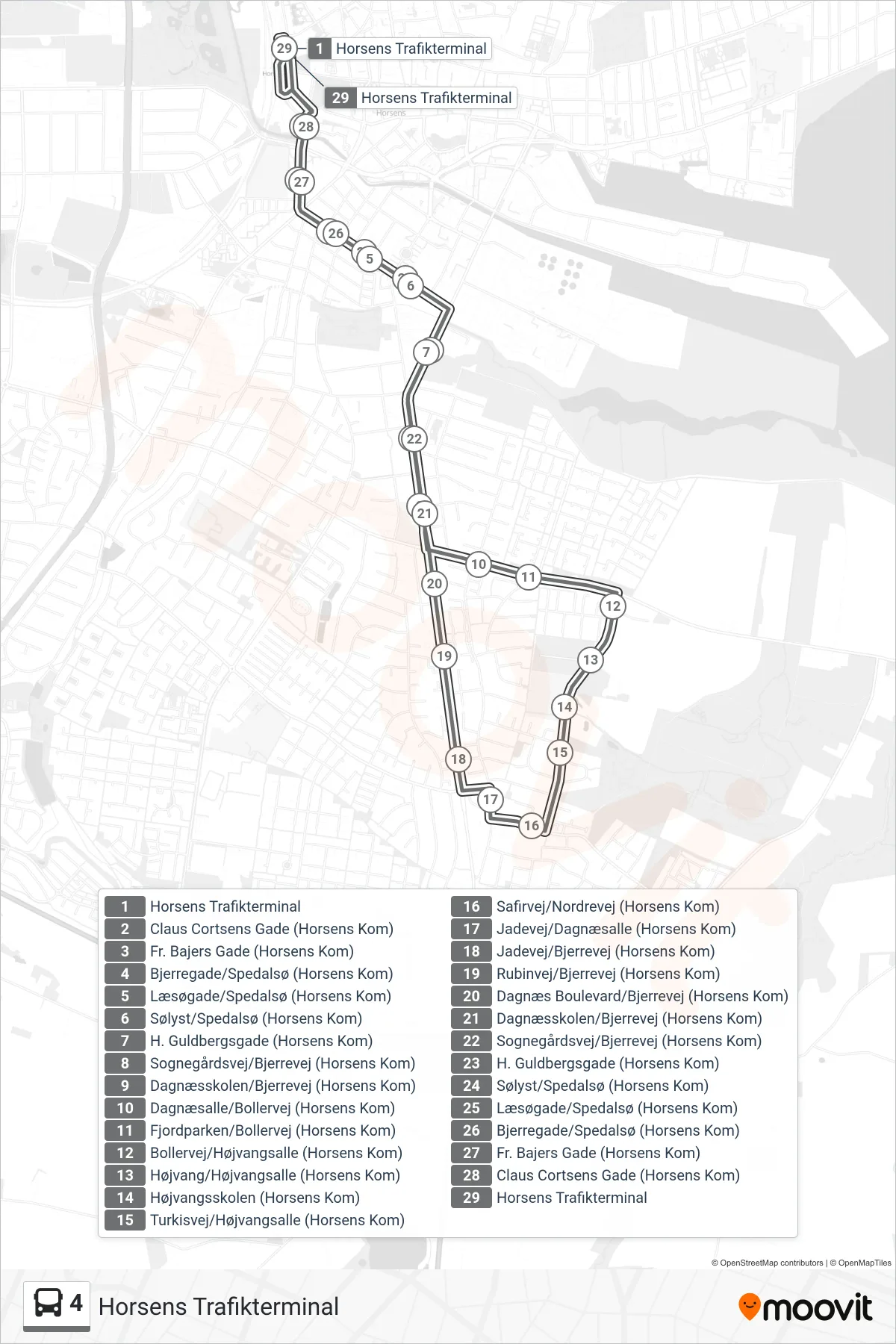 4 bus Linje (Horsens Trafikterminal) rute og stop på et kort