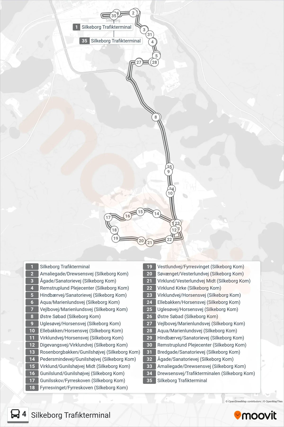 4 bus Linje (Silkeborg Trafikterminal) rute og stop på et kort