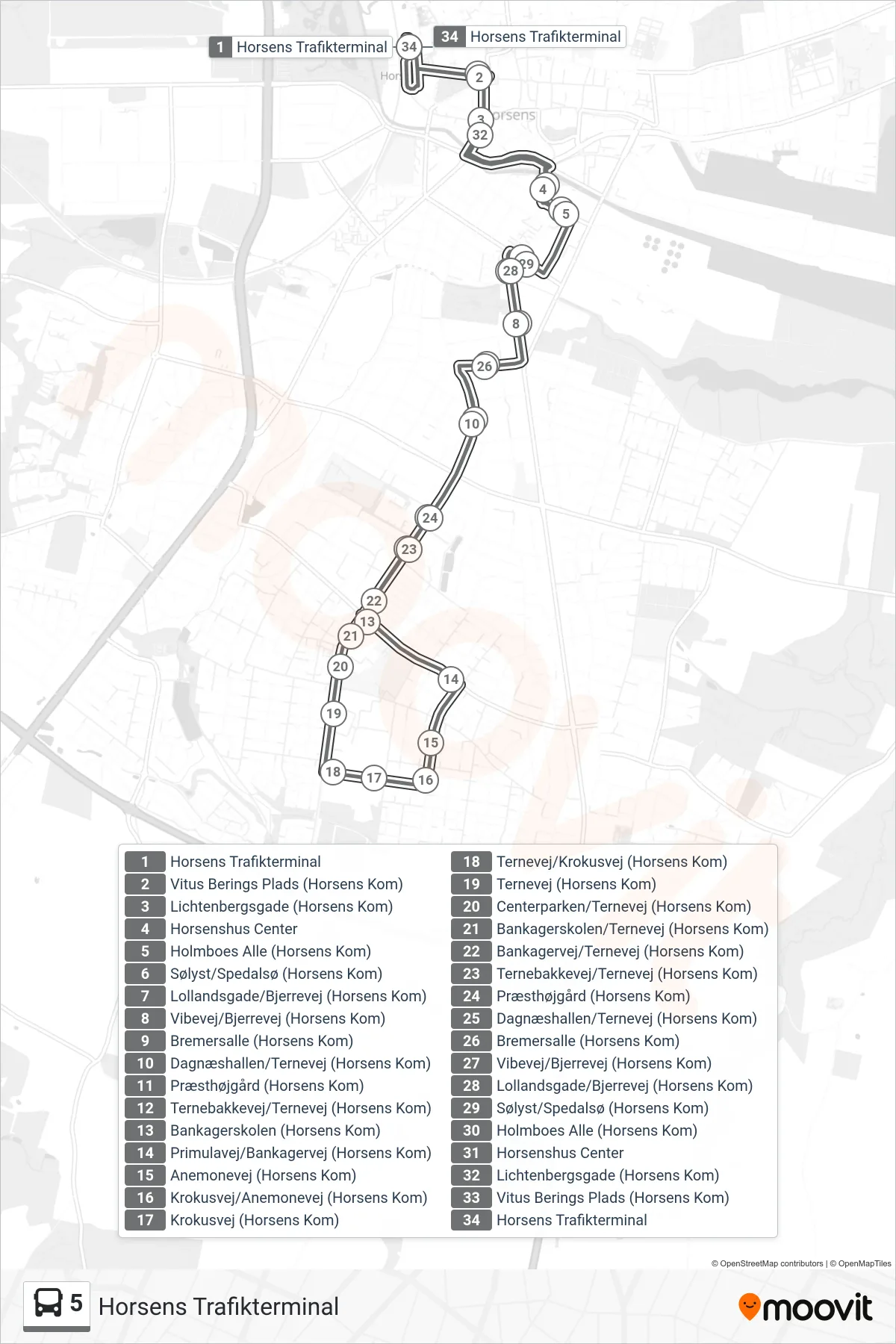 5 bus Linje (Horsens Trafikterminal) rute og stop på et kort