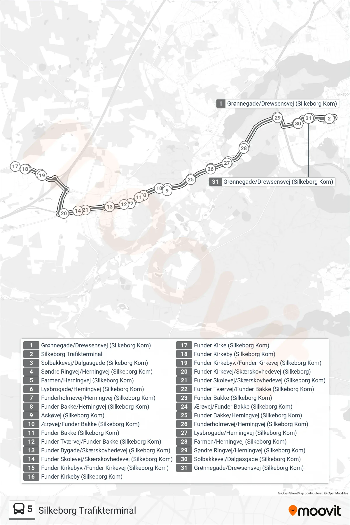 5 bus Linje (Silkeborg Trafikterminal) rute og stop på et kort