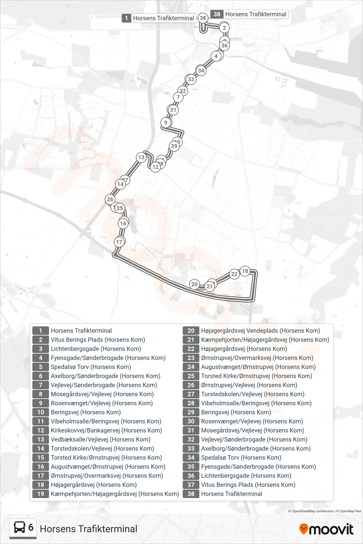 6 bus Linje (Horsens Trafikterminal) rute og stop på et kort