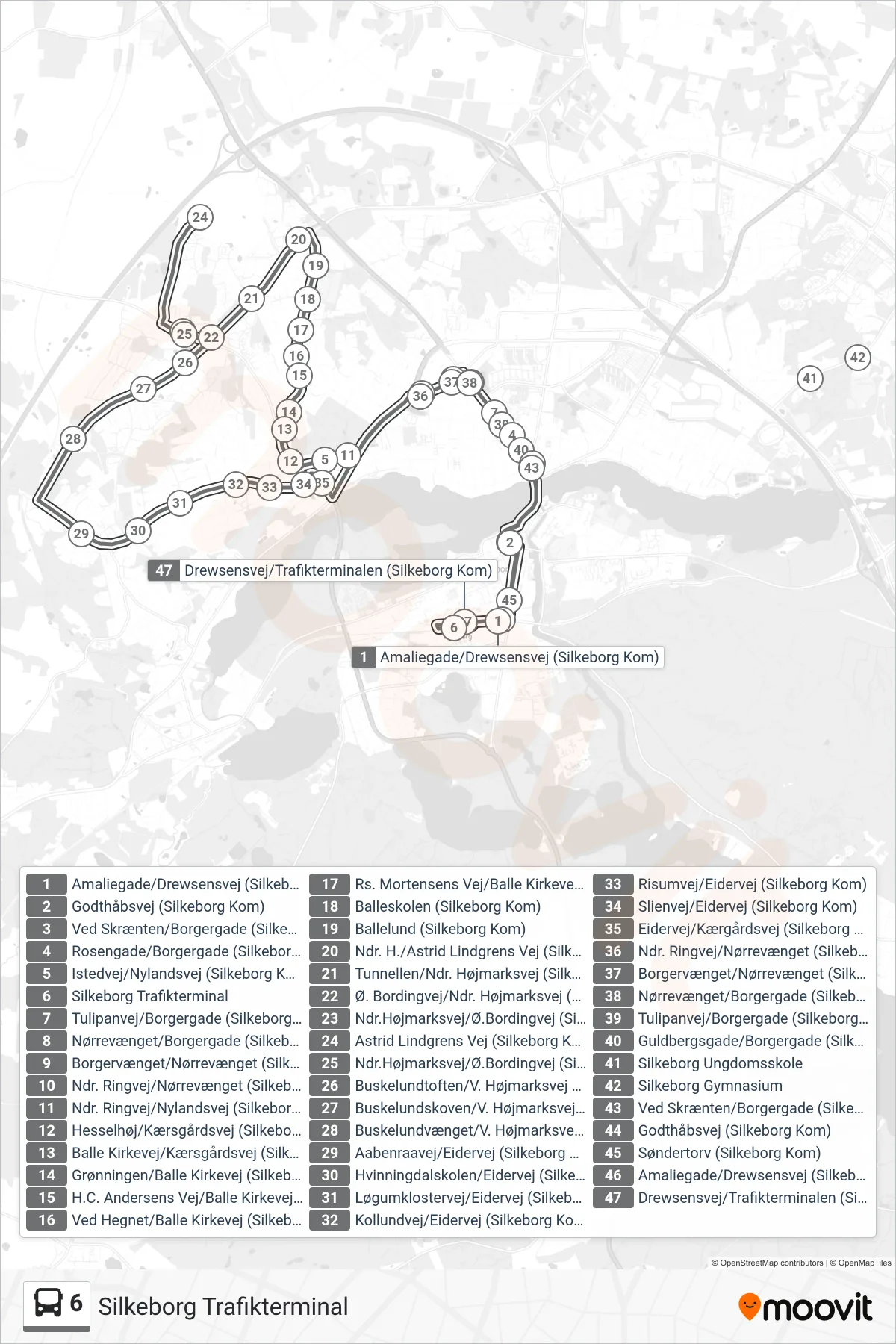 6 bus Linje (Silkeborg Trafikterminal) rute og stop på et kort