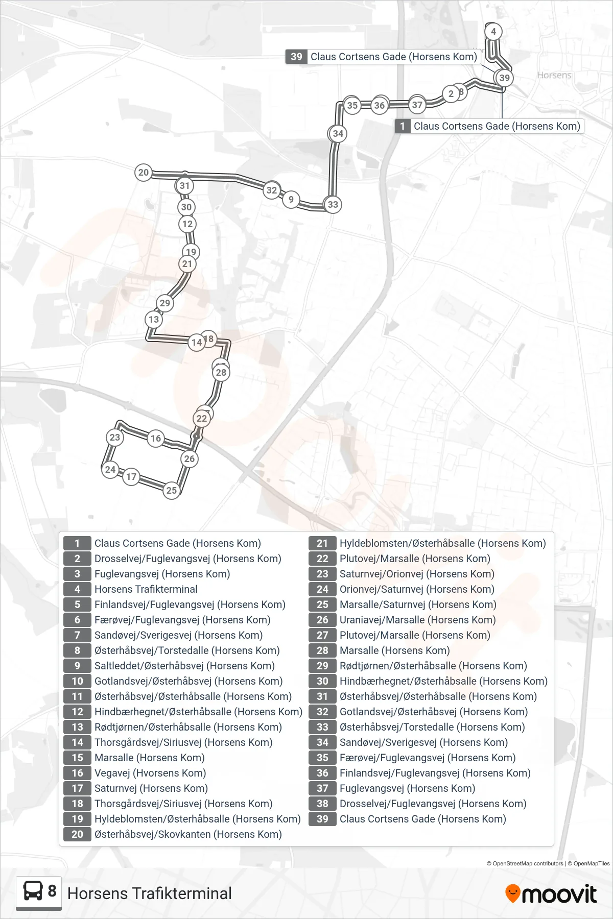 8 bus Linje (Horsens Trafikterminal) rute og stop på et kort