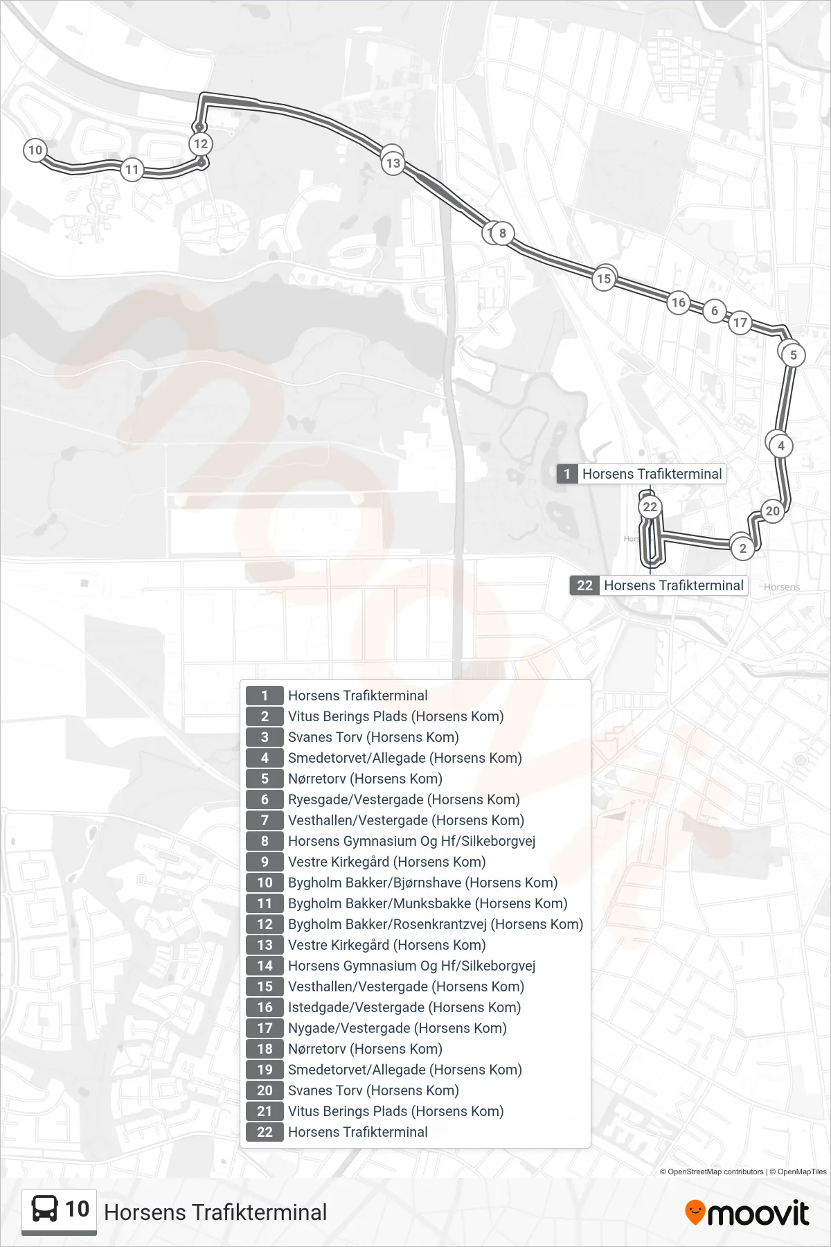 10 bus Linje (Horsens Trafikterminal) rute og stop på et kort