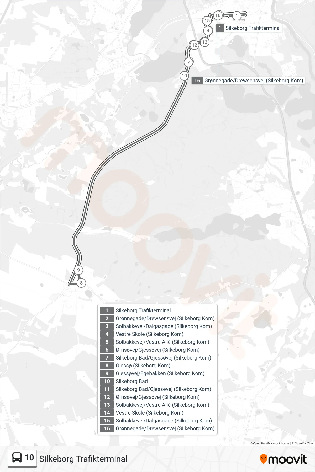 10 bus Linje (Silkeborg Trafikterminal) rute og stop på et kort