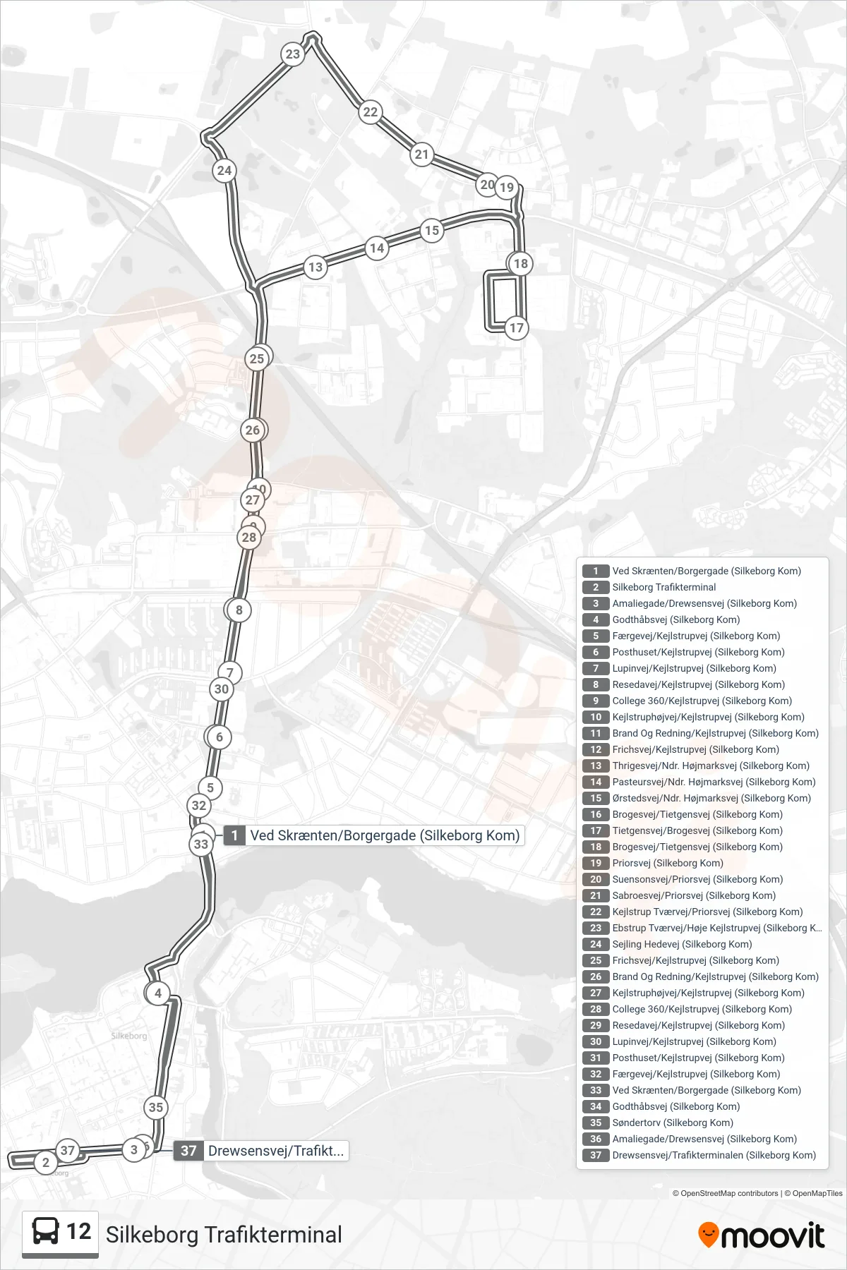 12 bus Linje (Silkeborg Trafikterminal) rute og stop på et kort