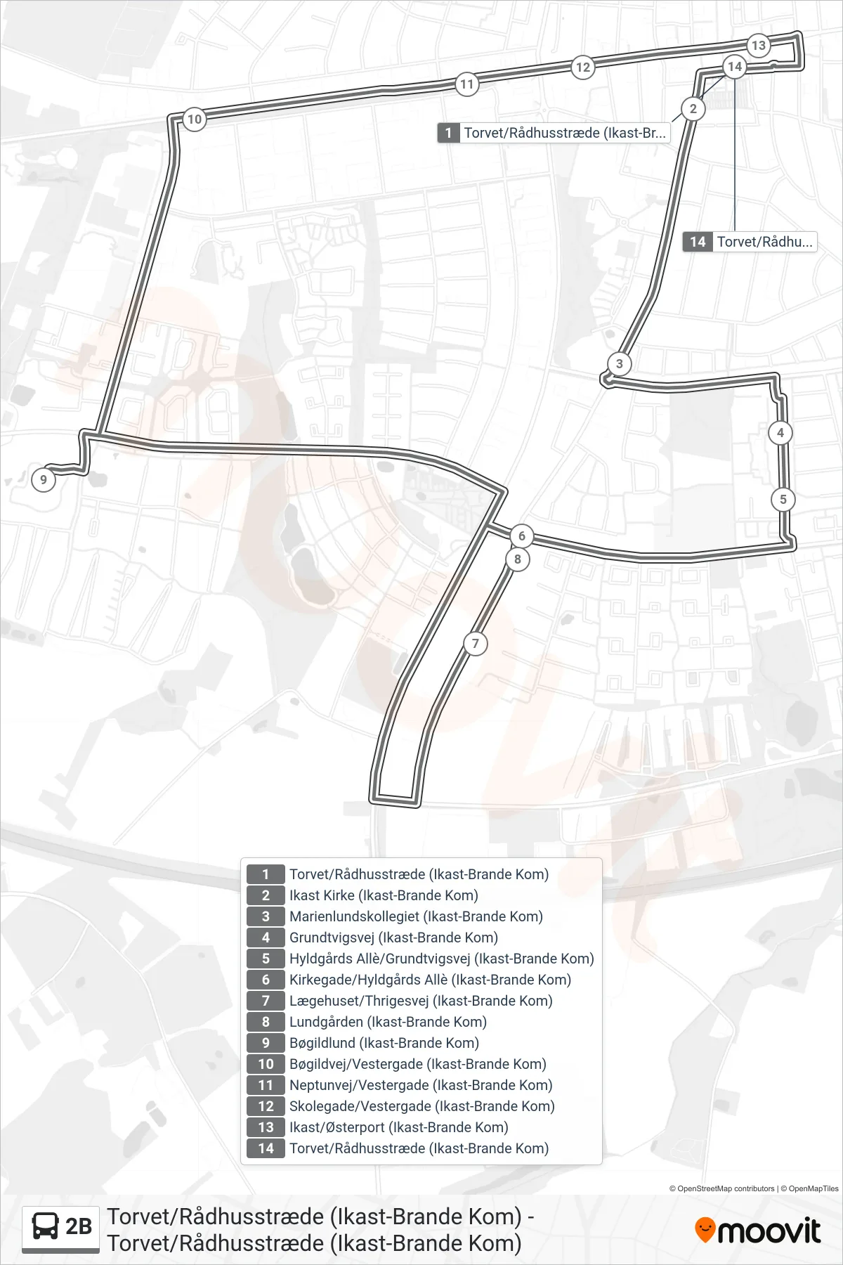 2B bus Linje (Torvet/Rådhusstræde (Ikast-Brande Kom)) rute og stop på et kort