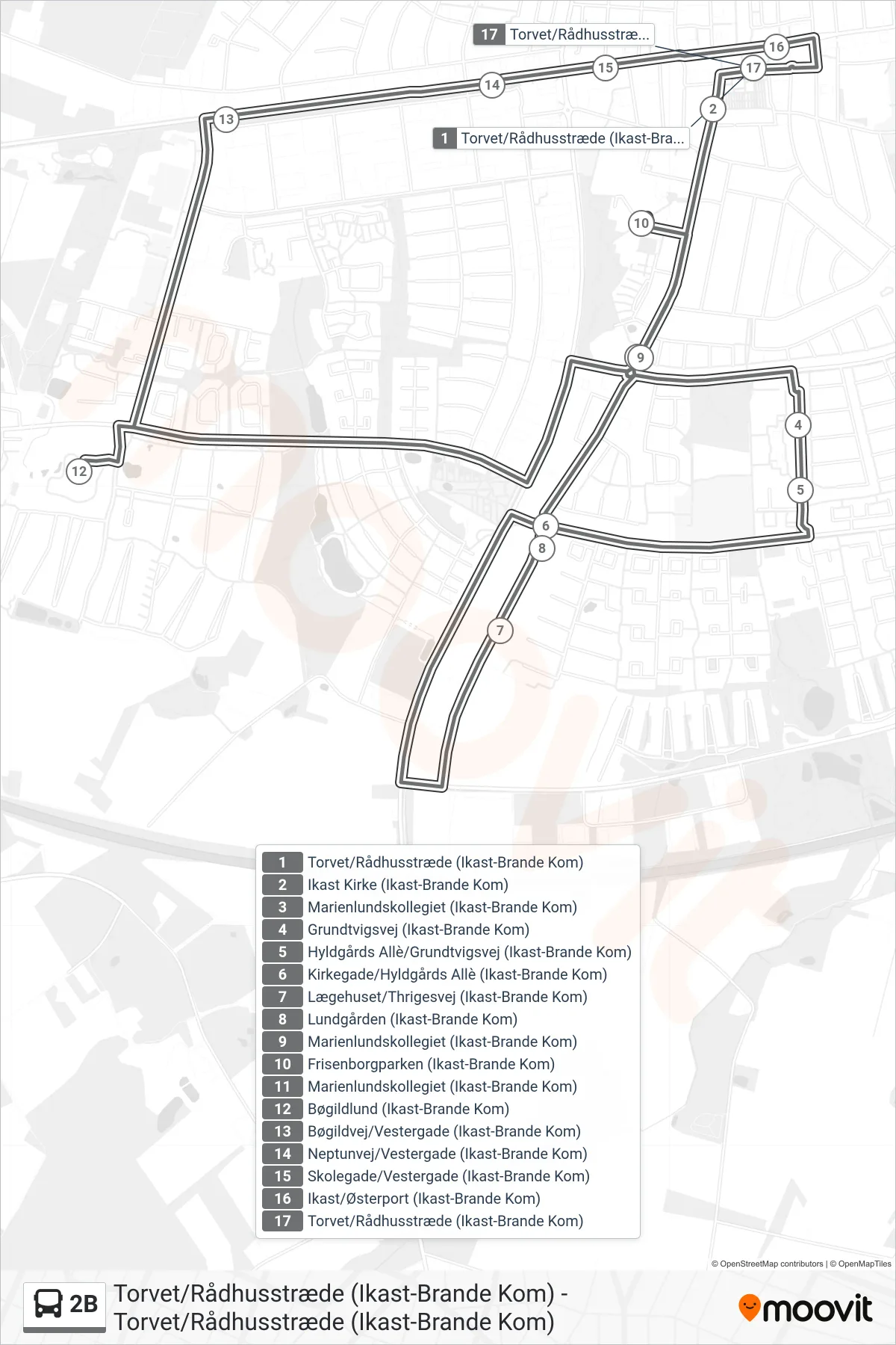 2B bus Linje (Torvet/Rådhusstræde (Ikast-Brande Kom)) rute og stop på et kort