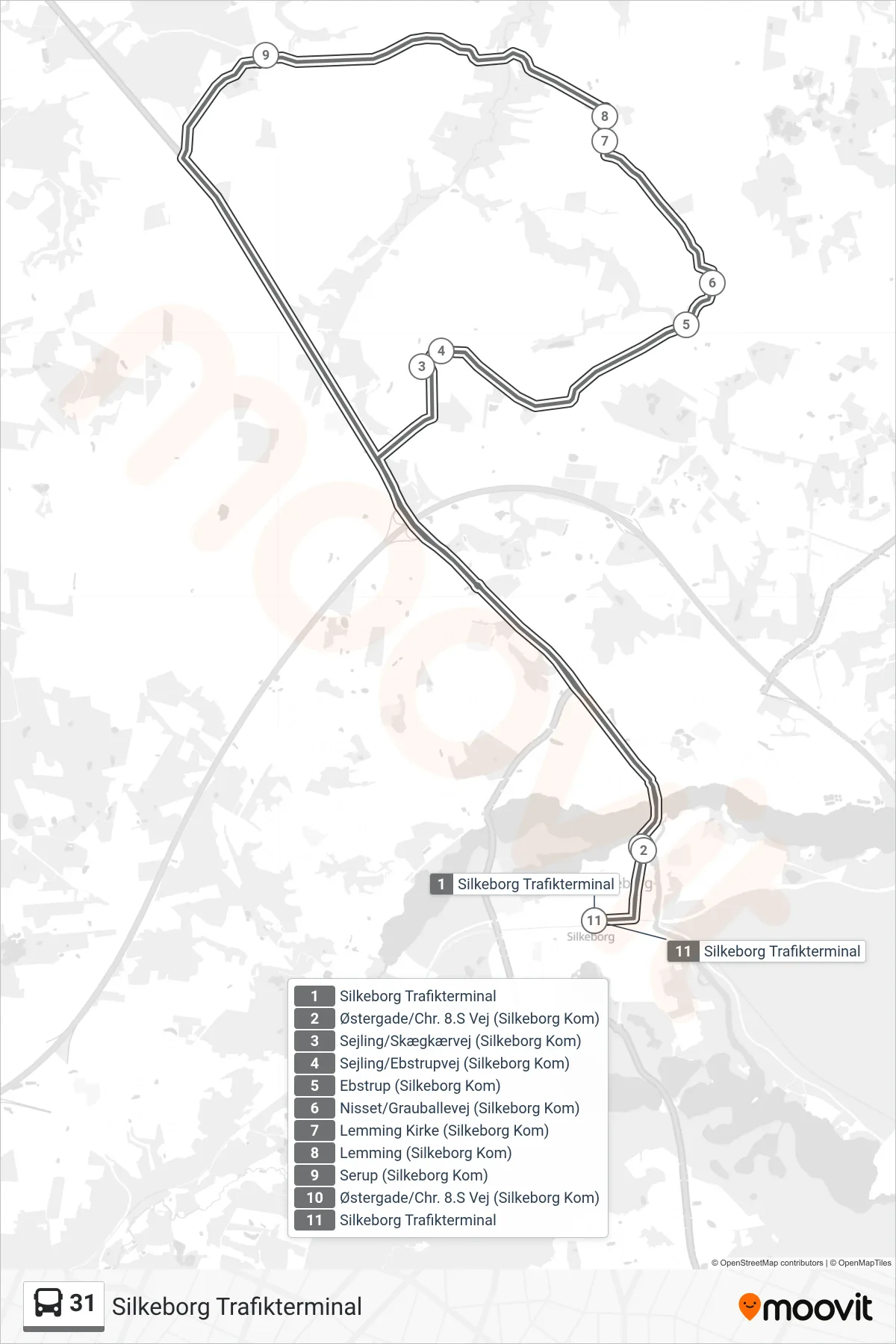 31 bus Linje (Silkeborg Trafikterminal) rute og stop på et kort