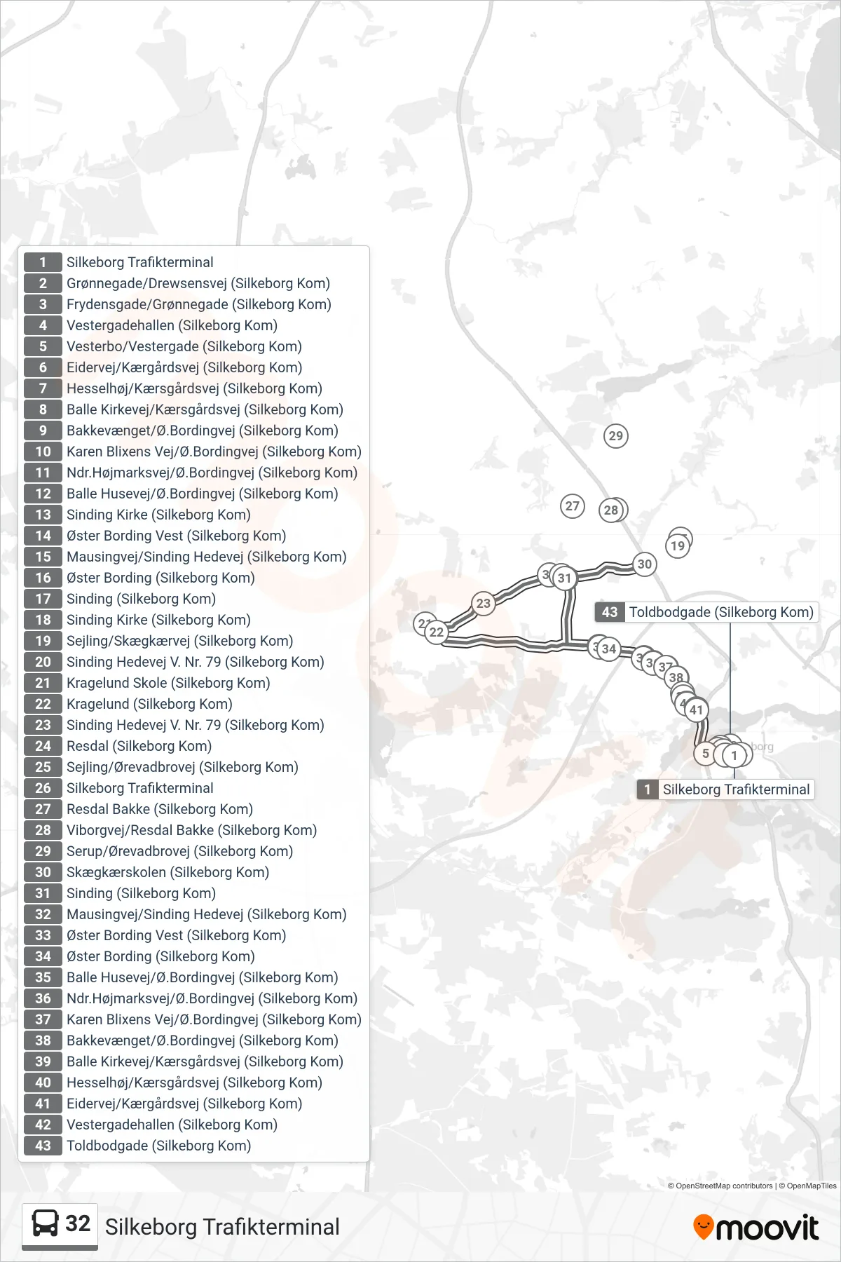32 bus Linje (Silkeborg Trafikterminal) rute og stop på et kort