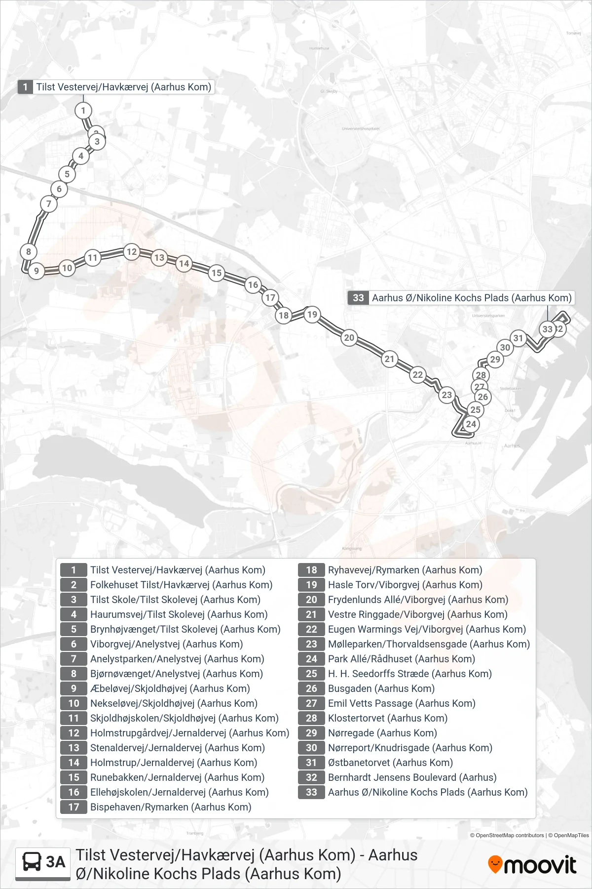 3A bus Linje (Aarhus Ø) rute og stop på et kort