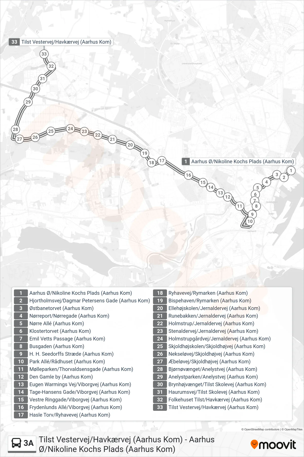 3A bus Linje (Tilst) rute og stop på et kort