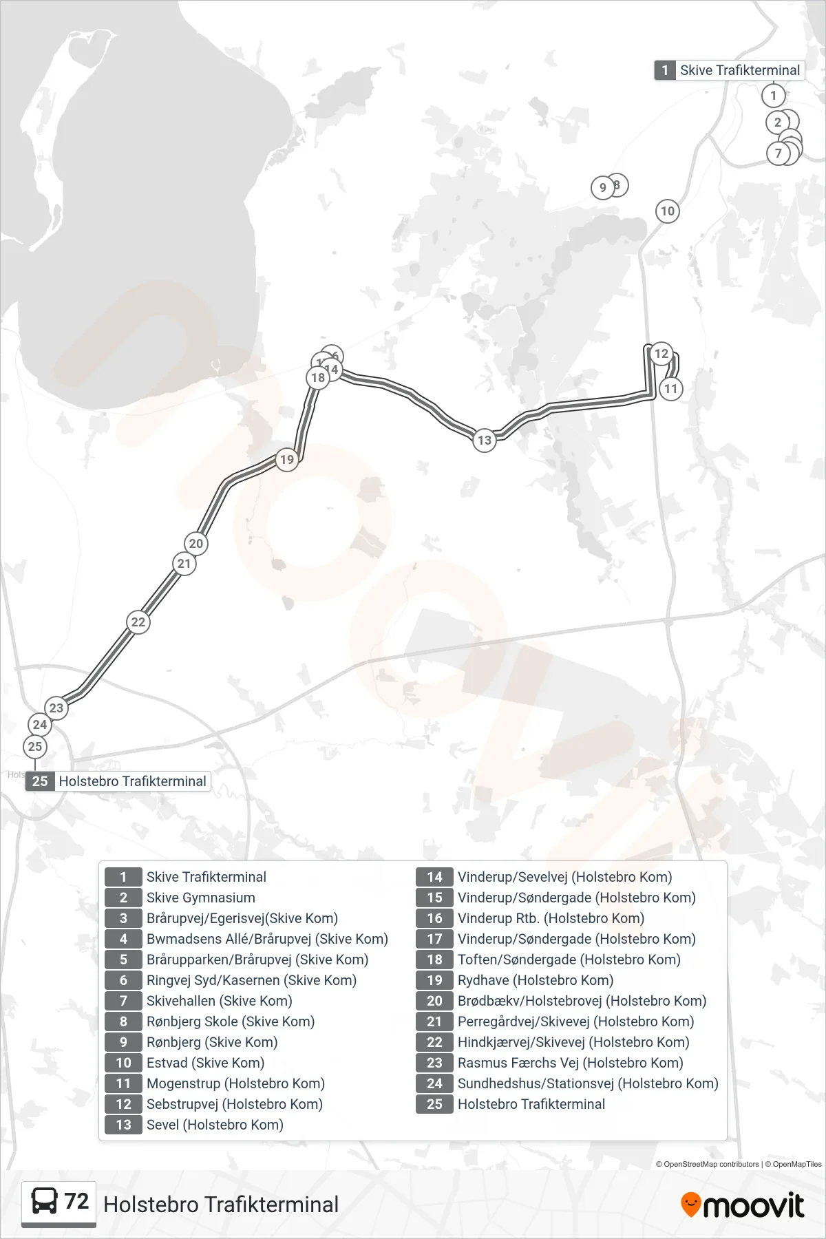 72 bus Line (Holstebro Trafikterminal) route and stops on a map