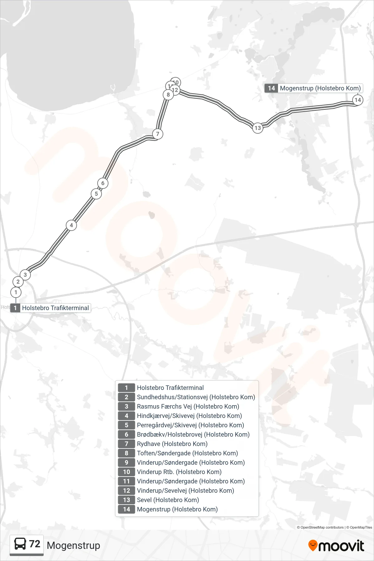 72 bus Line (Mogenstrup) route and stops on a map
