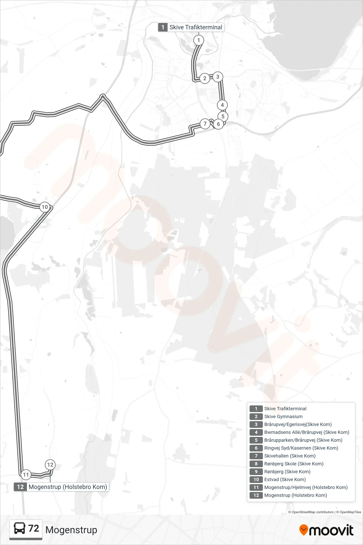 72 bus Linje (Mogenstrup) rute og stop på et kort