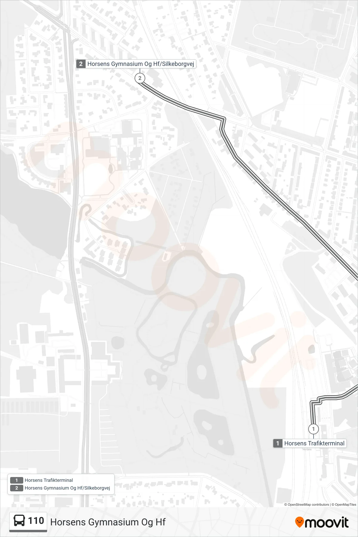 110 bus Linje (Horsens Gymnasium Og Hf) rute og stop på et kort