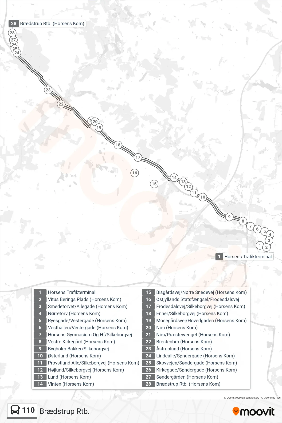 110 bus Linje (Brædstrup Rtb.) rute og stop på et kort