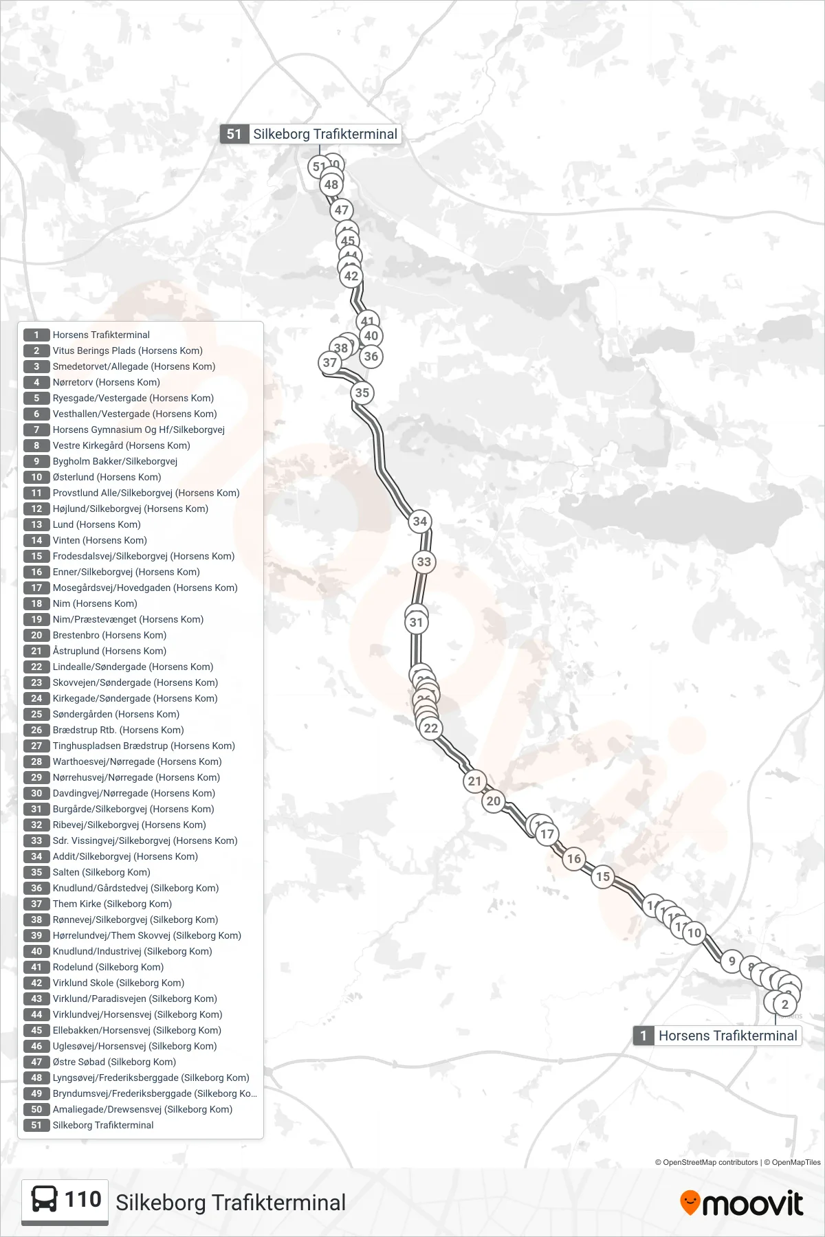 110 bus Linje (Silkeborg Trafikterminal) rute og stop på et kort