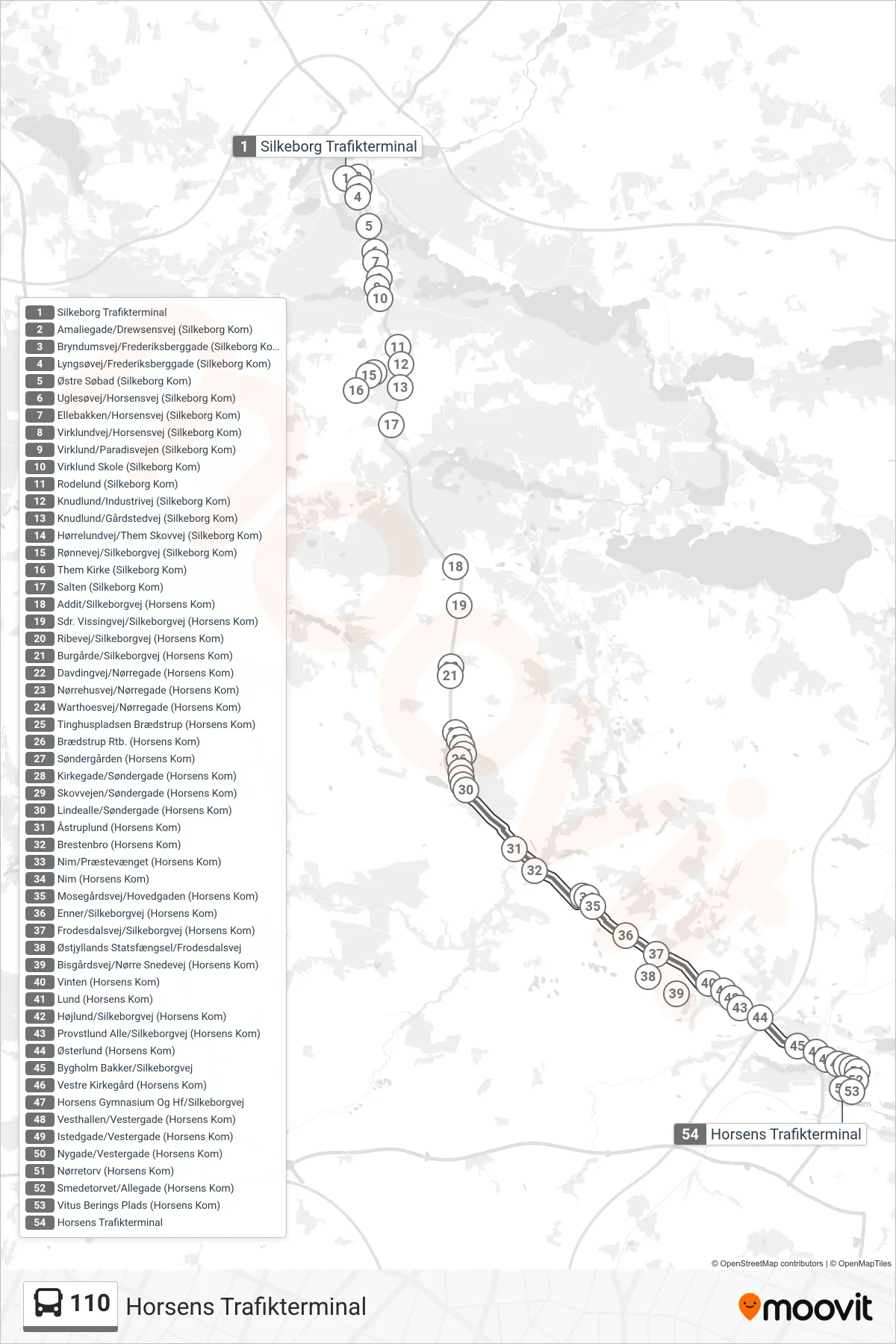 110 bus Linje (Horsens Trafikterminal) rute og stop på et kort