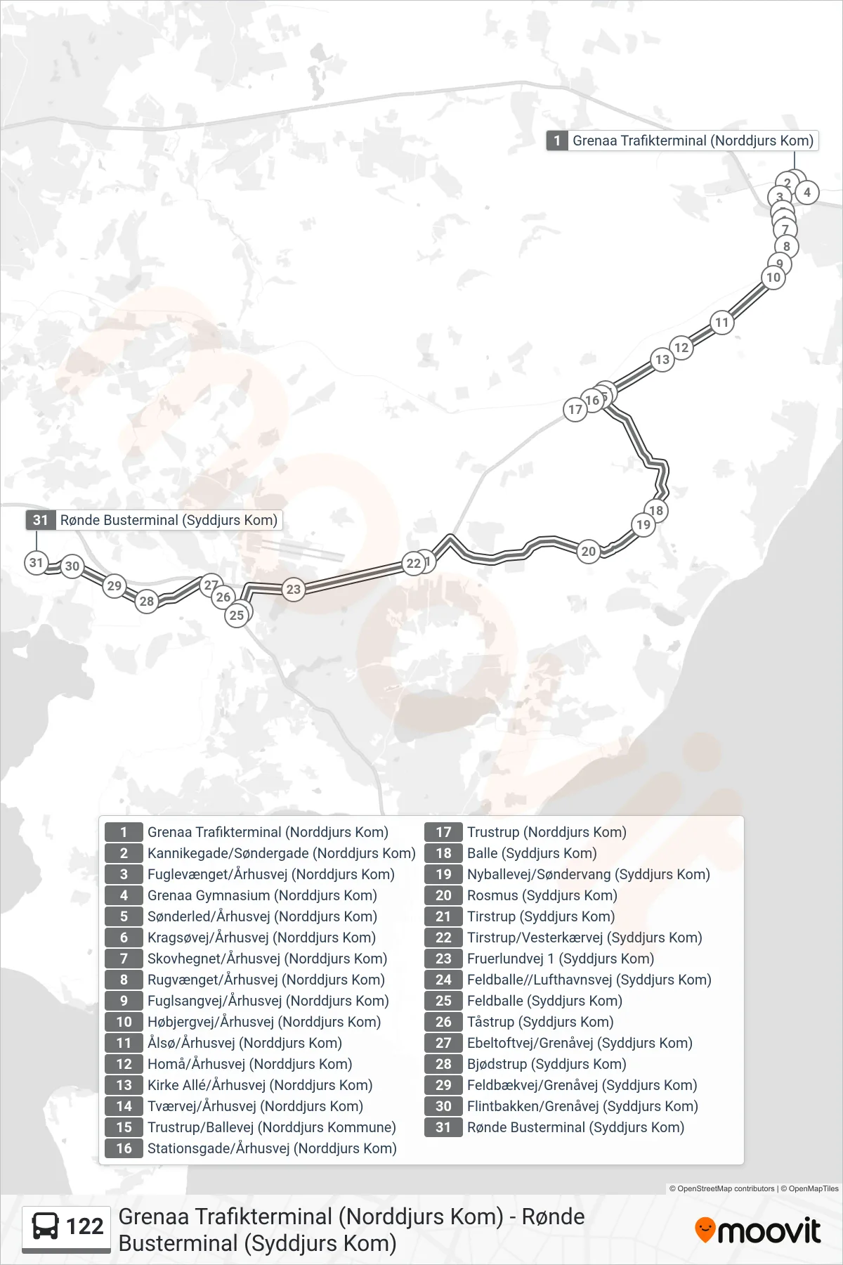 122 bus Linje (Rønde Busterminal (Syddjurs Kom)) rute og stop på et kort
