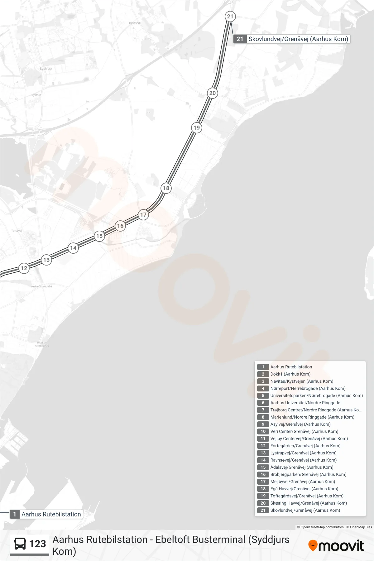 123 bus Linje (Skovlundvej/Grenåvej) rute og stop på et kort