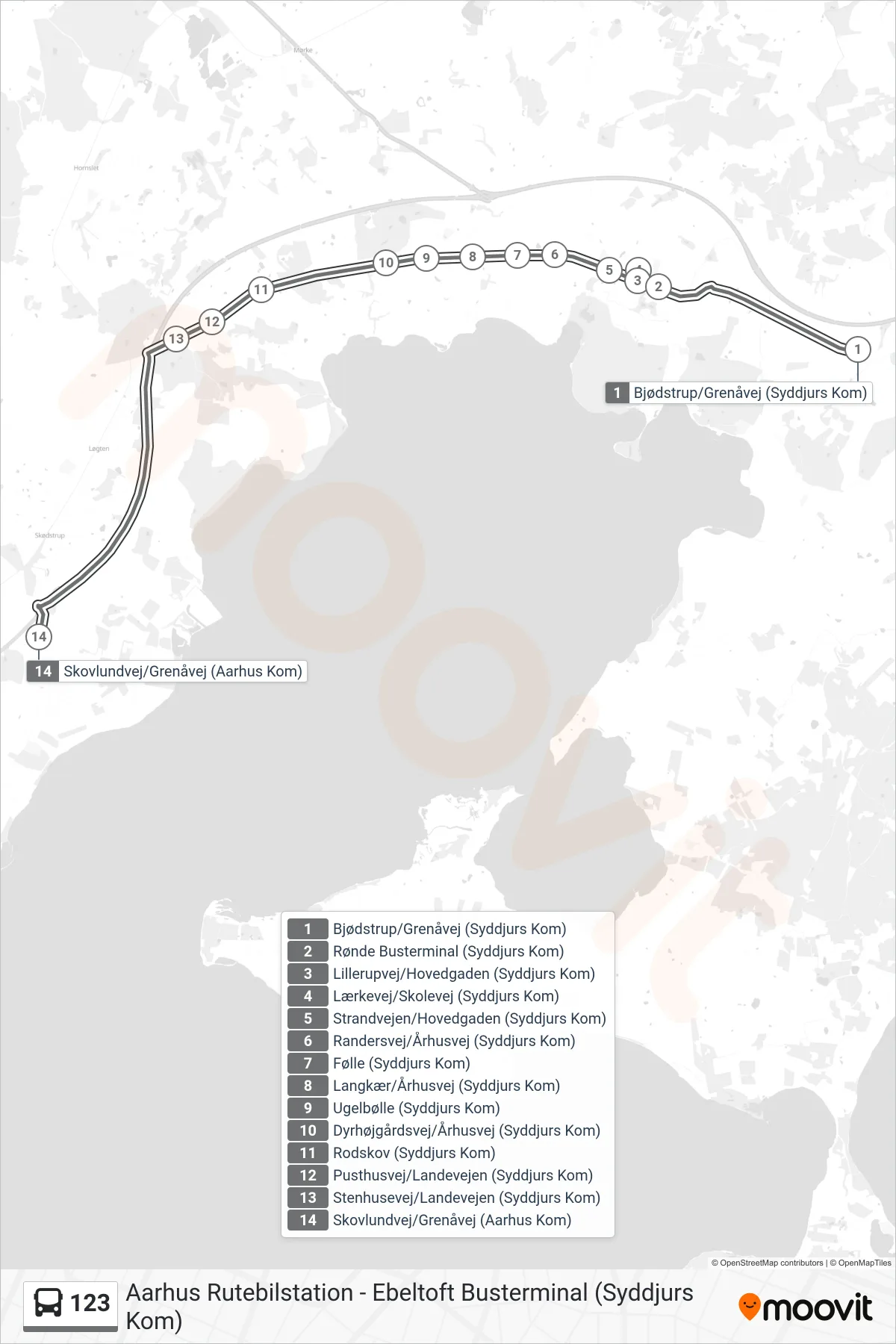 123 bus Linje (Skovlundvej/Grenåvej) rute og stop på et kort
