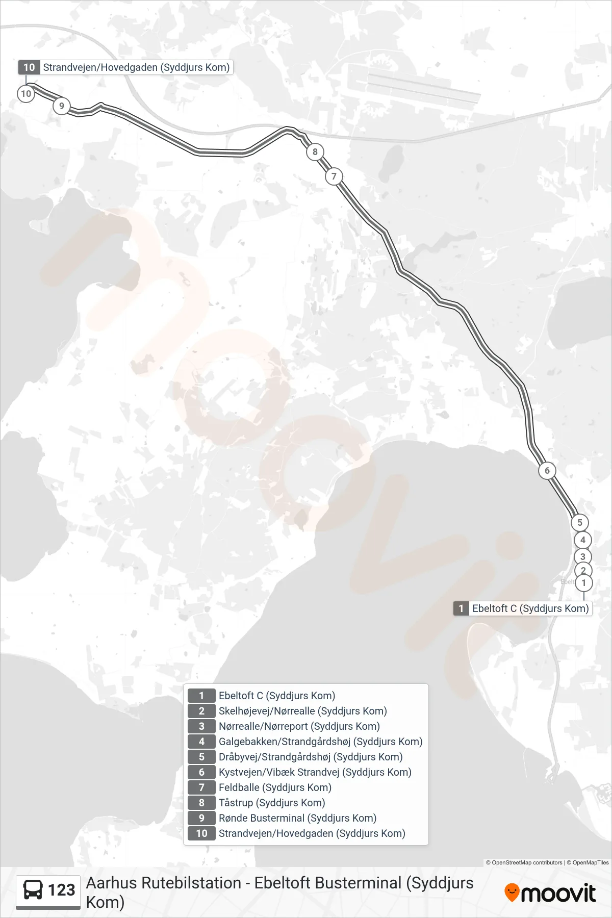 123 bus Linje (Strandvejen/Hovedgaden (Syddjurs Kom)) rute og stop på et kort