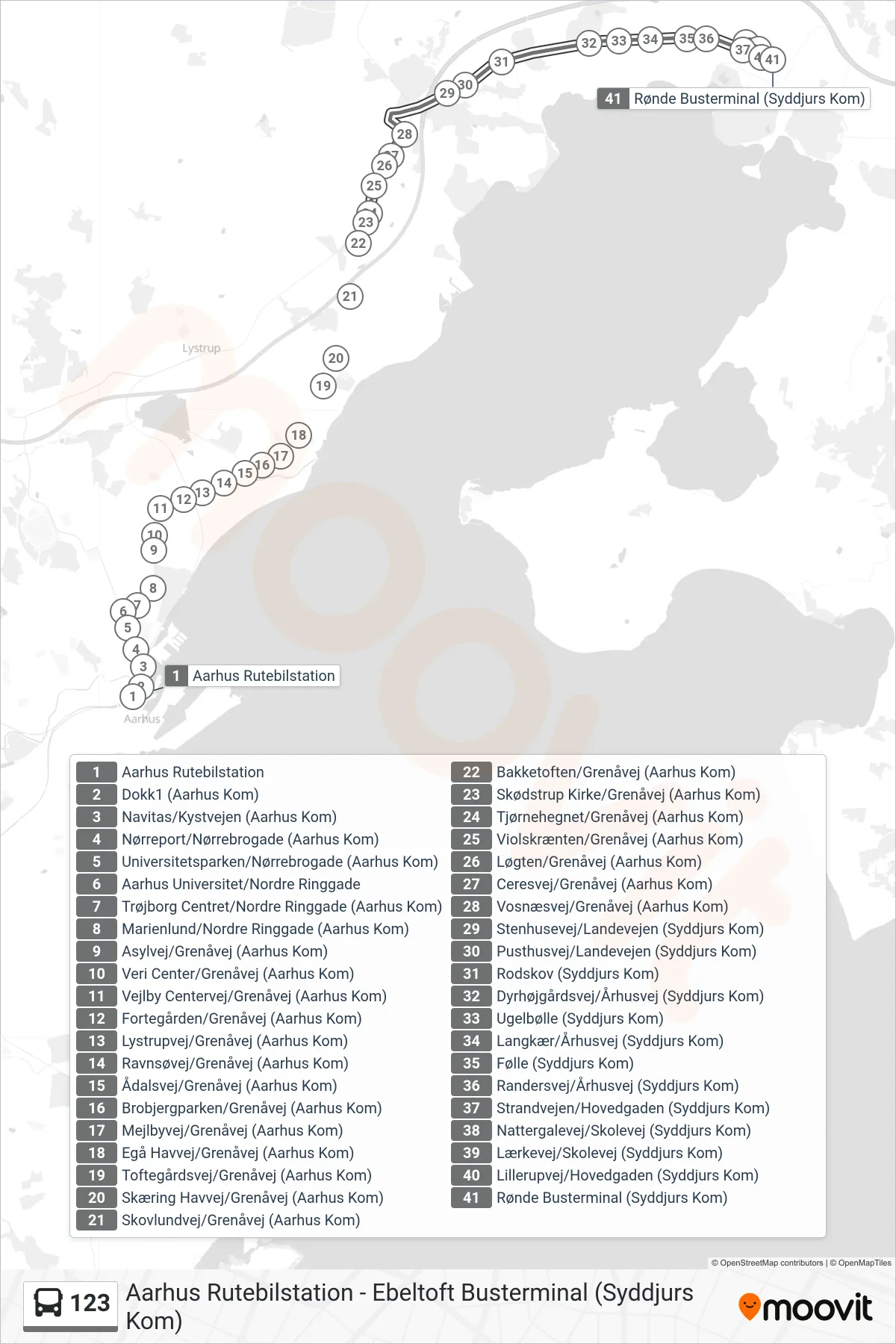 123 bus Linje (Rønde) rute og stop på et kort