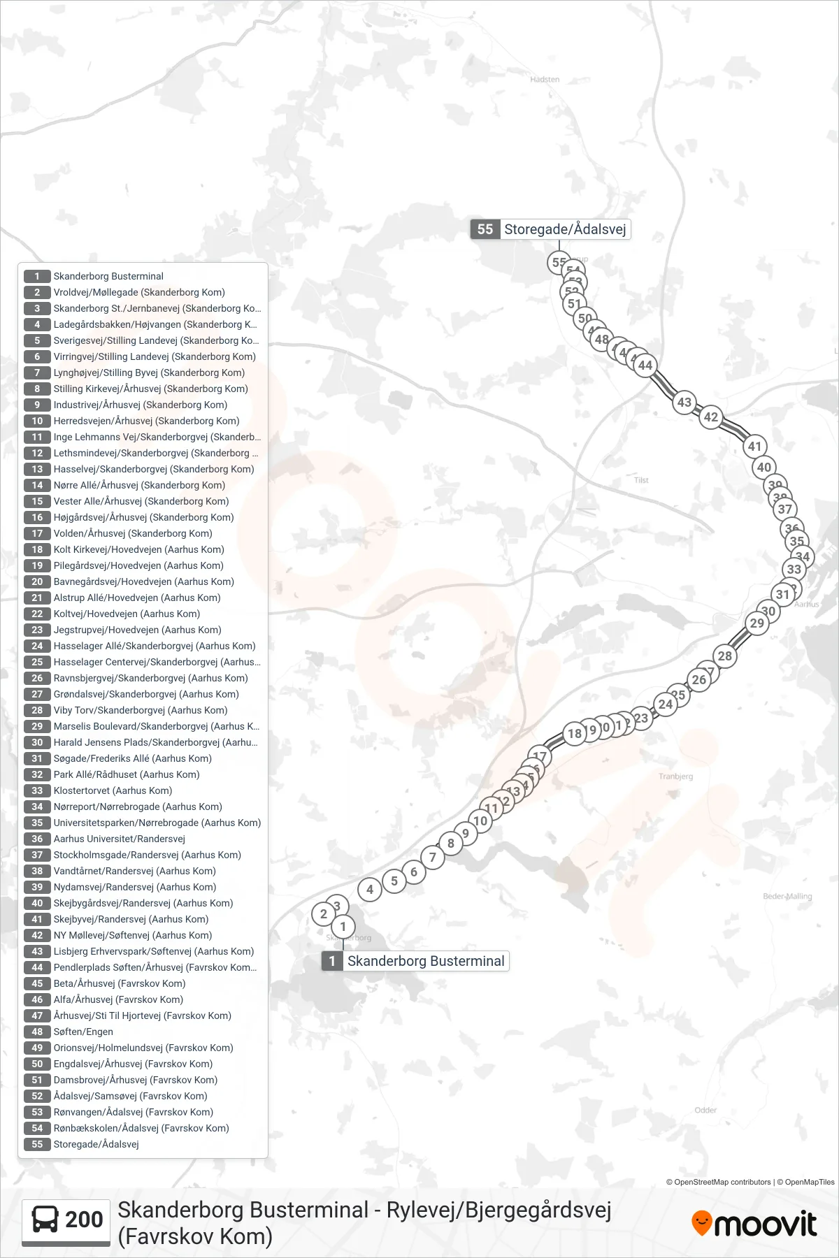 200 bus Linje (Mod Hinnerup) rute og stop på et kort