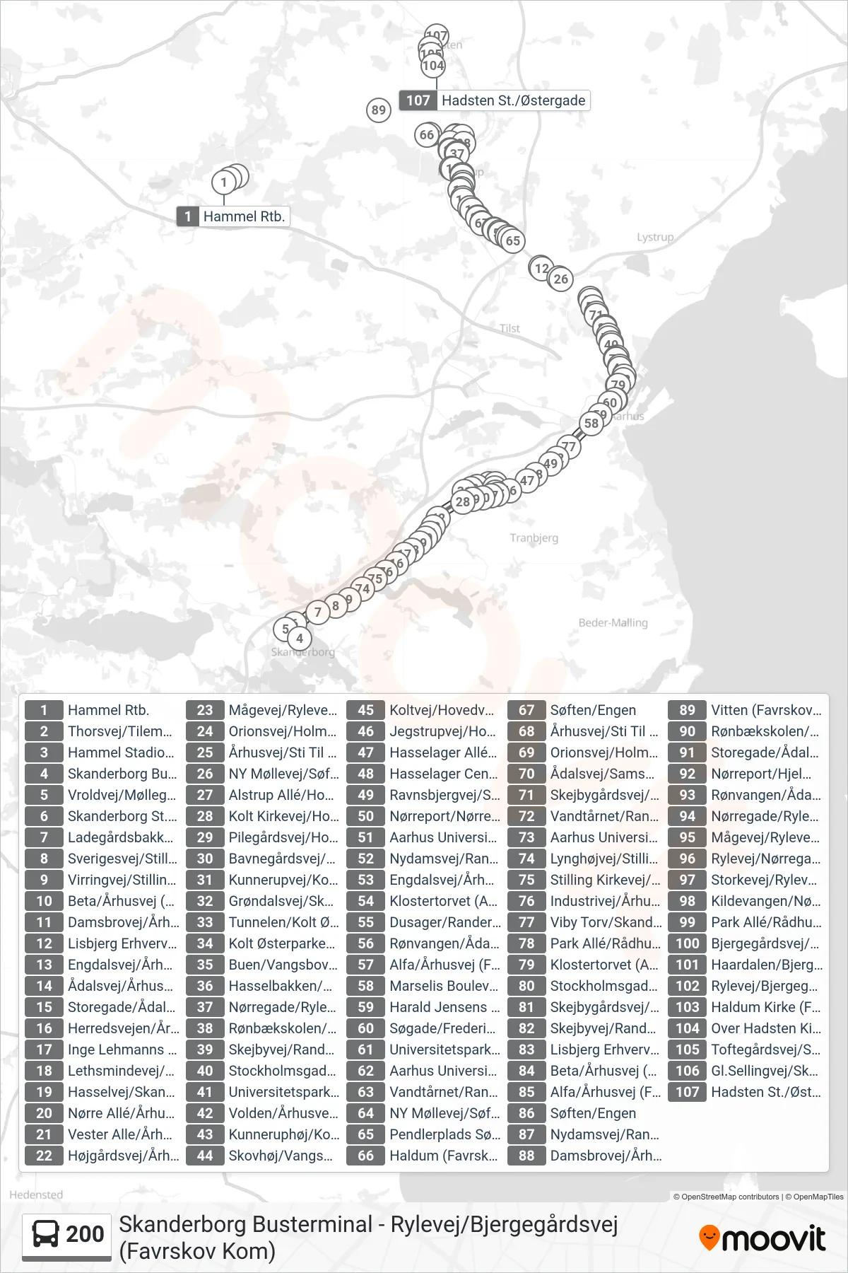 200 bus Line (Mod Aarhus) route and stops on a map