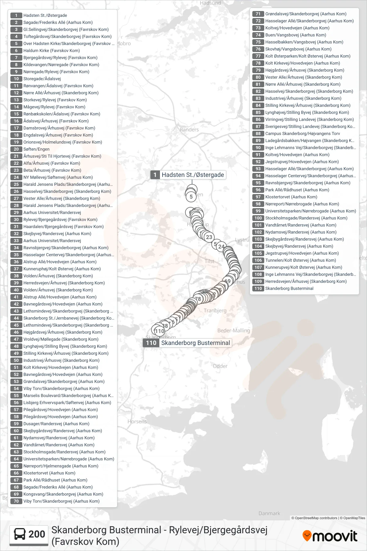 200 bus Linje (Mod Skanderborg) rute og stop på et kort