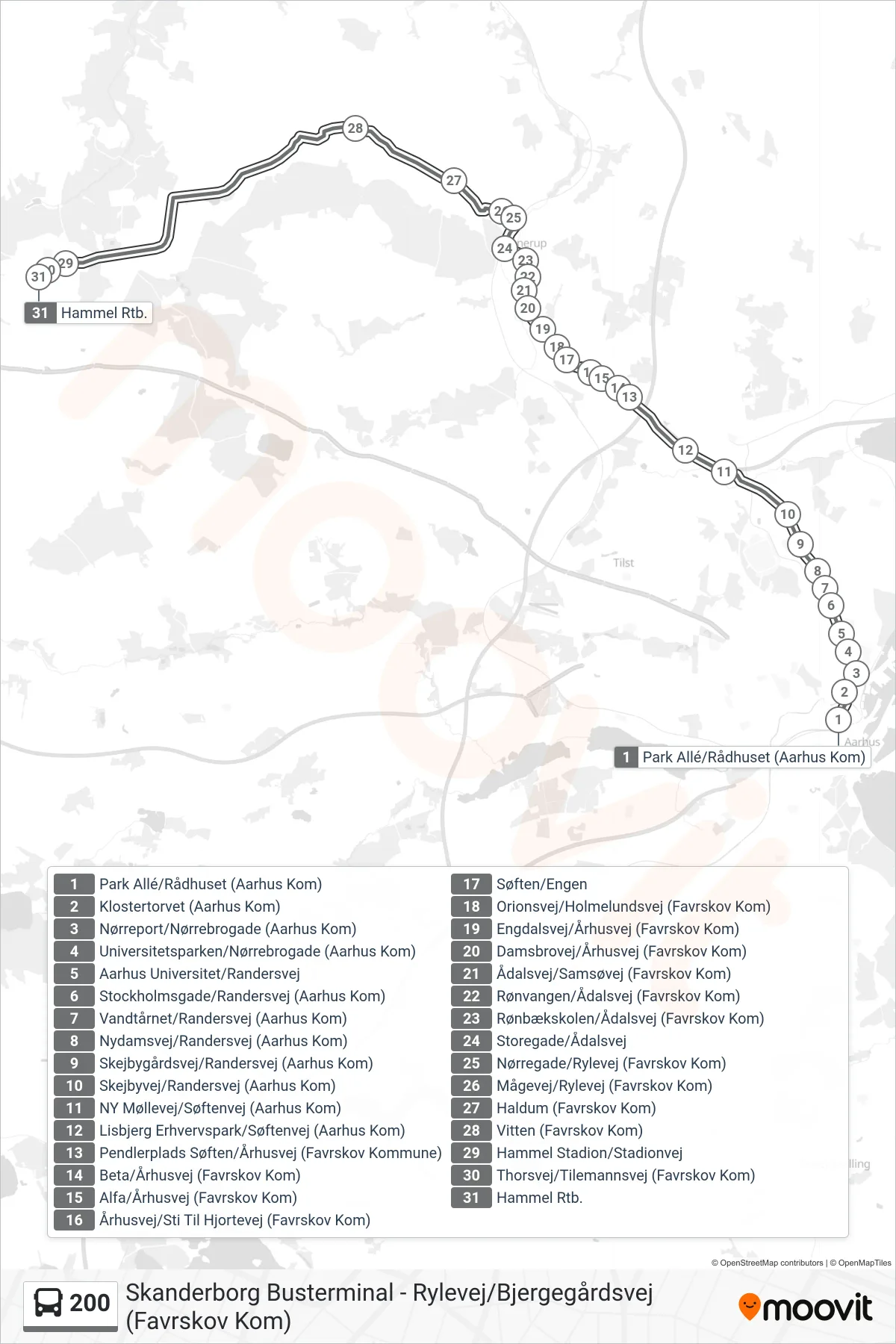 200 bus Linje (Hinnerup ↔ Hammel Rtb.) rute og stop på et kort