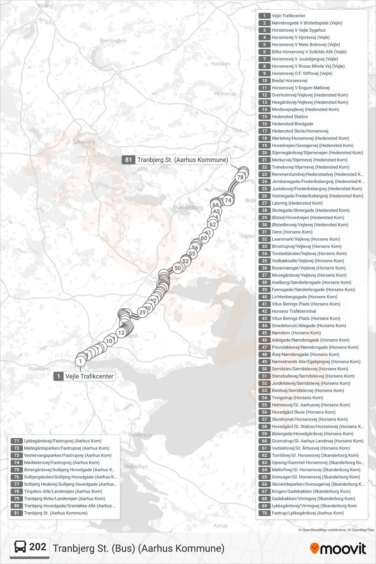 202 bus Linje (Tranbjerg St. (Bus) (Aarhus Kommune)) rute og stop på et kort