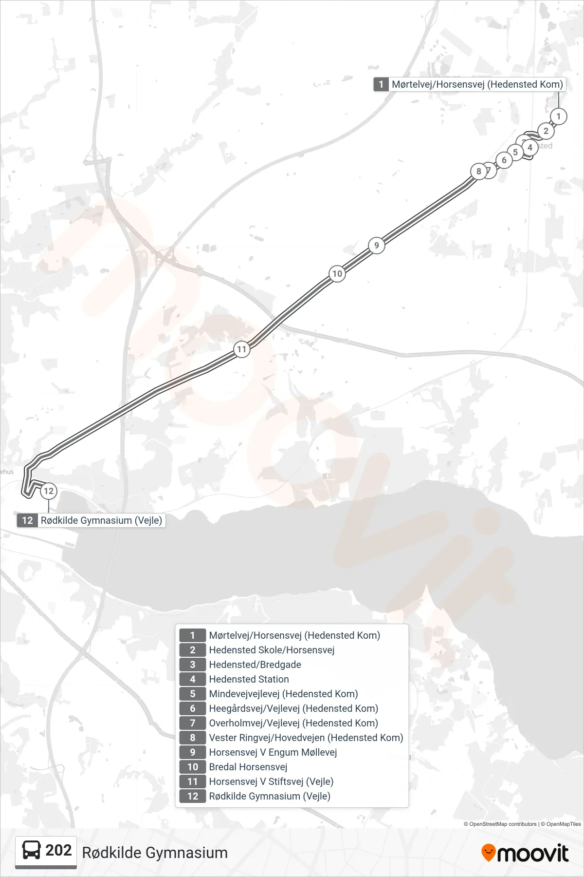 202 bus Linje (Rødkilde Gymnasium) rute og stop på et kort