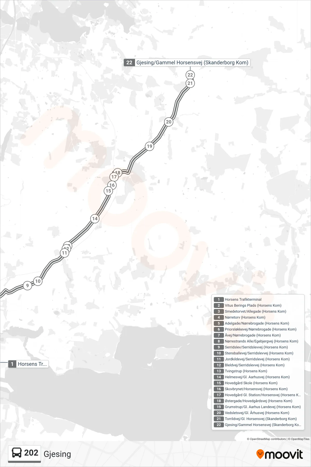 202 bus Linje (Gjesing) rute og stop på et kort