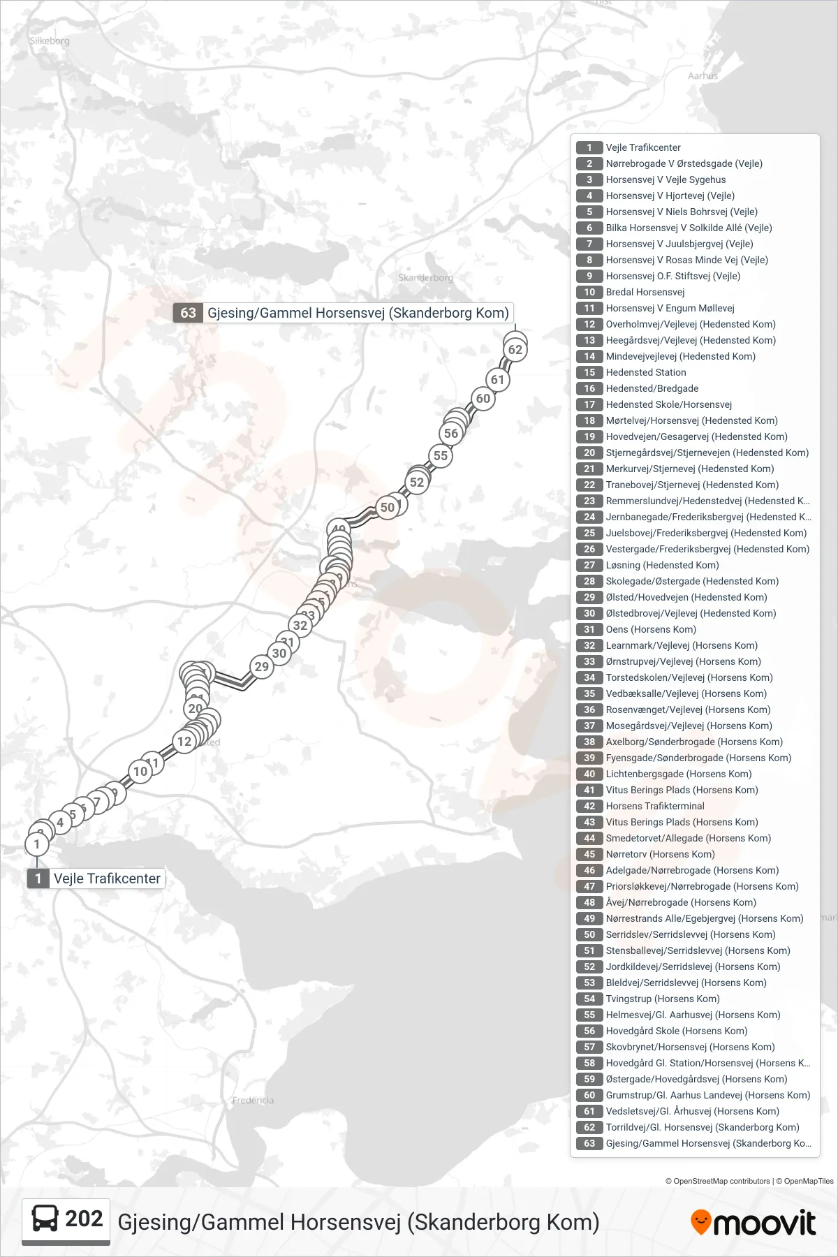 202 bus Linje (Gjesing/Gammel Horsensvej (Skanderborg Kom)) rute og stop på et kort