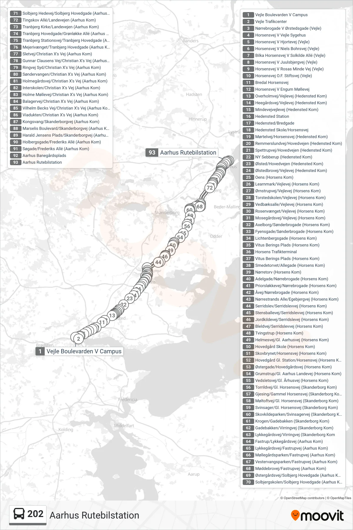202 bus Line (Aarhus Rutebilstation) route and stops on a map