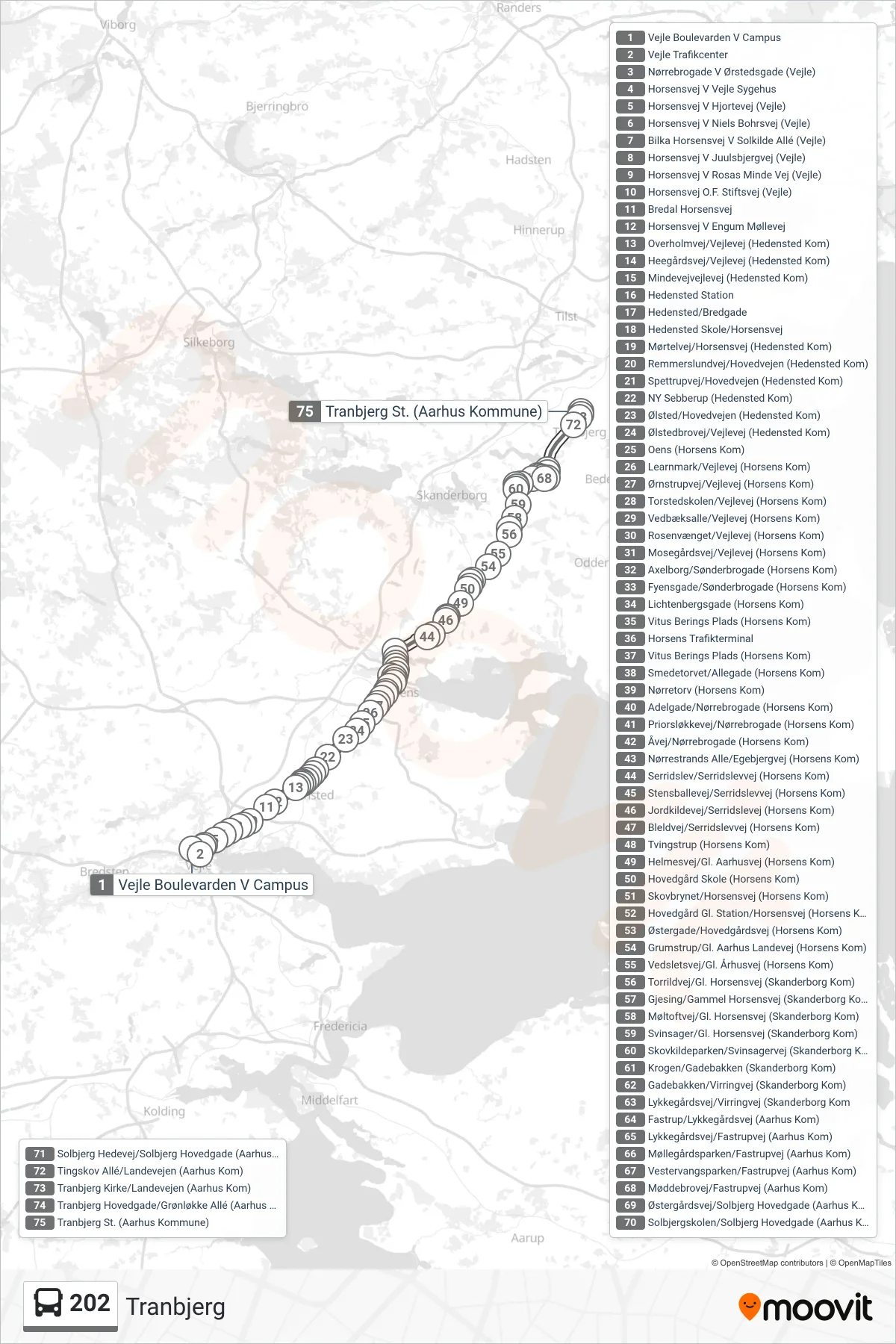 202 bus Line (Tranbjerg) route and stops on a map