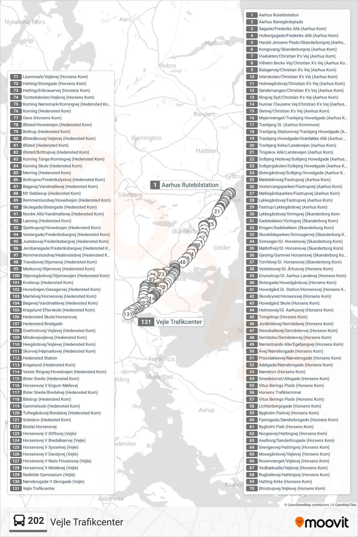 202 bus Line (Vejle Trafikcenter) route and stops on a map