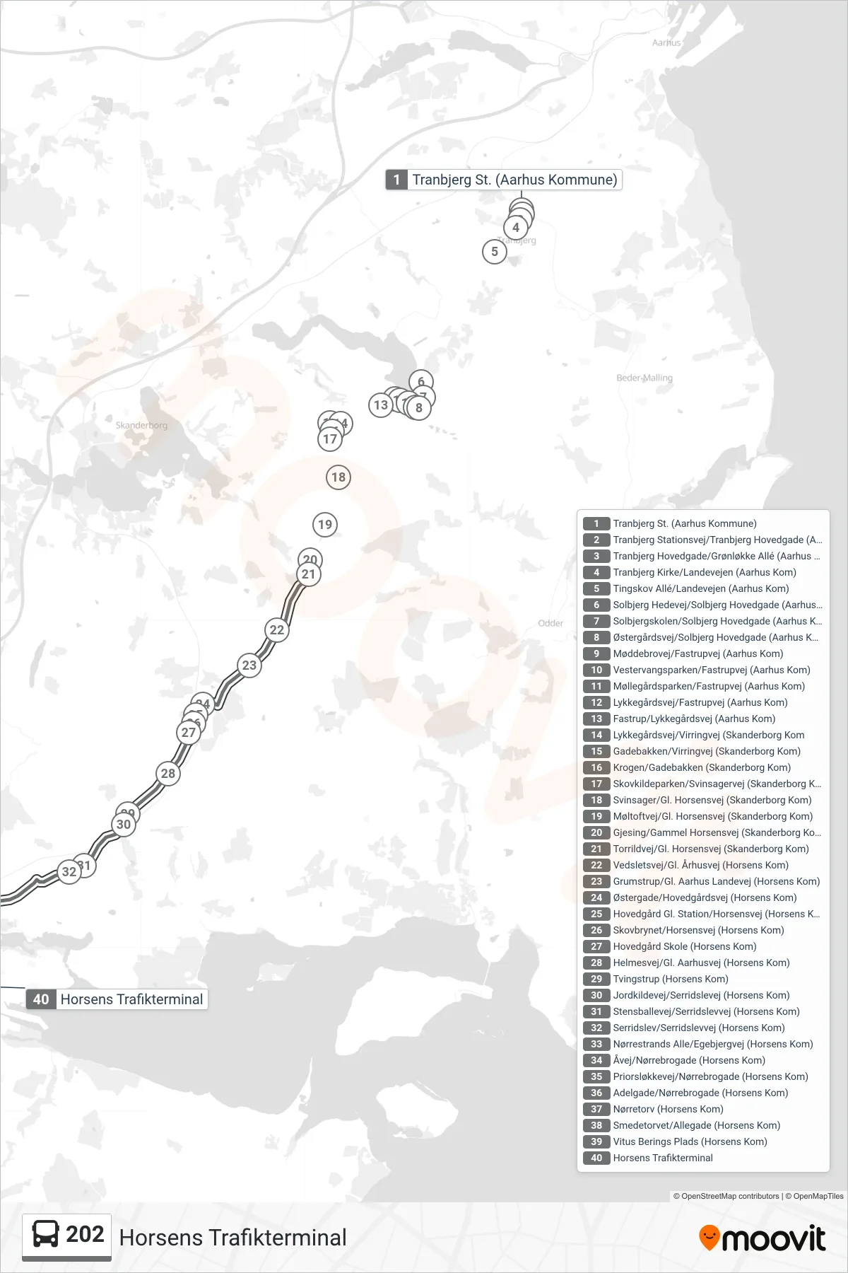 202 bus Linje (Horsens Trafikterminal) rute og stop på et kort
