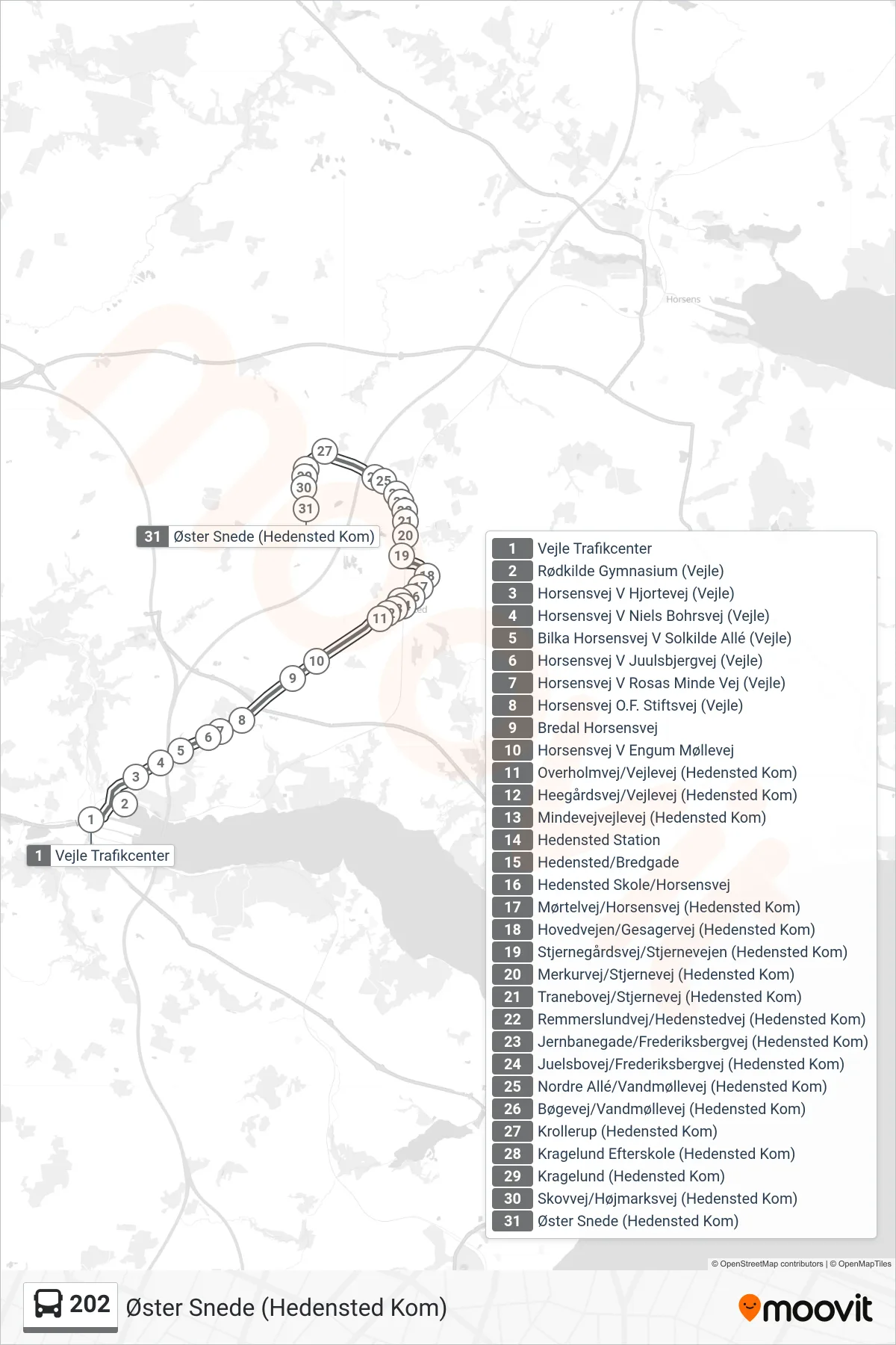 202 bus Linje (Øster Snede (Hedensted Kom)) rute og stop på et kort
